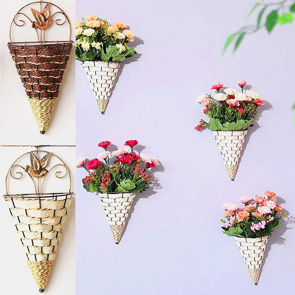 White Wicker Woven Wall-Mounted Flower Pot Holder - Hanging Plant Basket for Home & Garden Decor | Perfect for Indoor Herb Gardens, Balcony Greenery & Patio Decorations