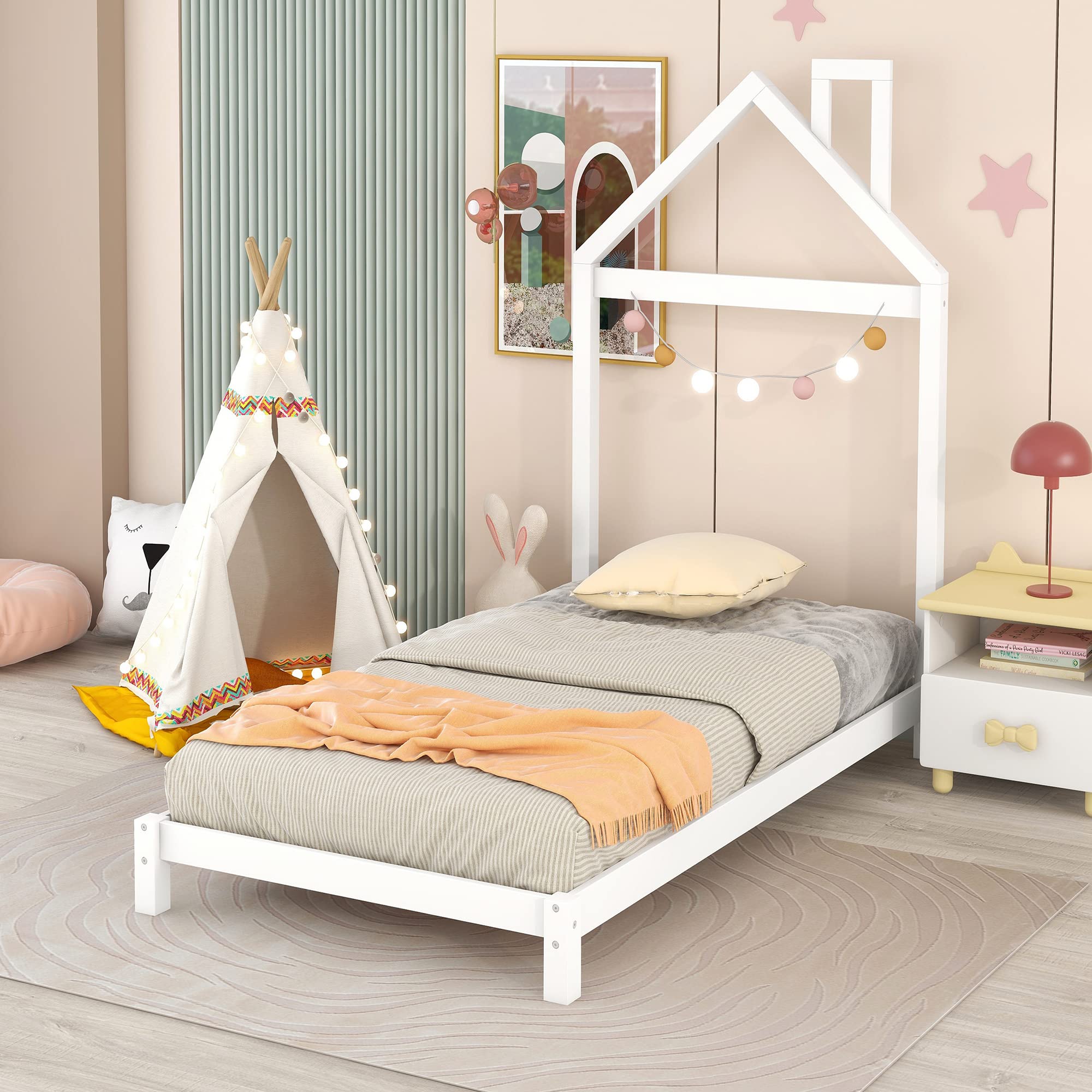 Twin Size White Platform Bed with House Shape Headboard - Low Profile Wooden Slat Support Bed Frame for Kids, Boys, Girls & Juniors - Perfect for Bedrooms, Dorms & Playrooms