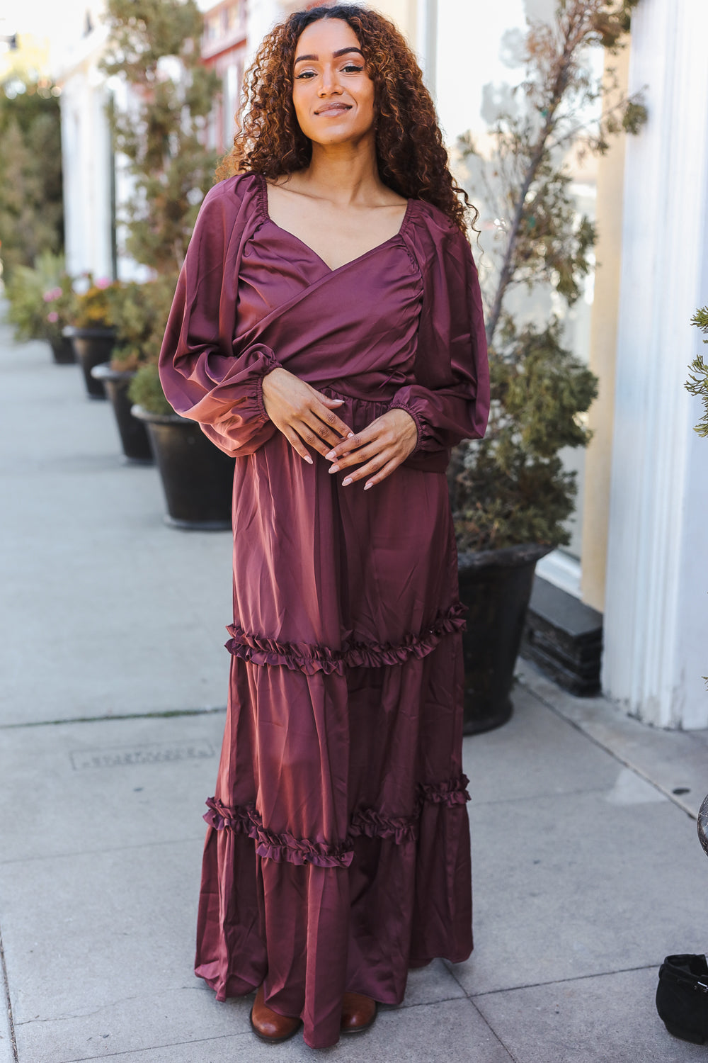 Holiday Vibes Wine Satin Front Overlap Smocked Back Maxi Dress for Women - Elegant Party Gown for Christmas, New Year & Special Occasions