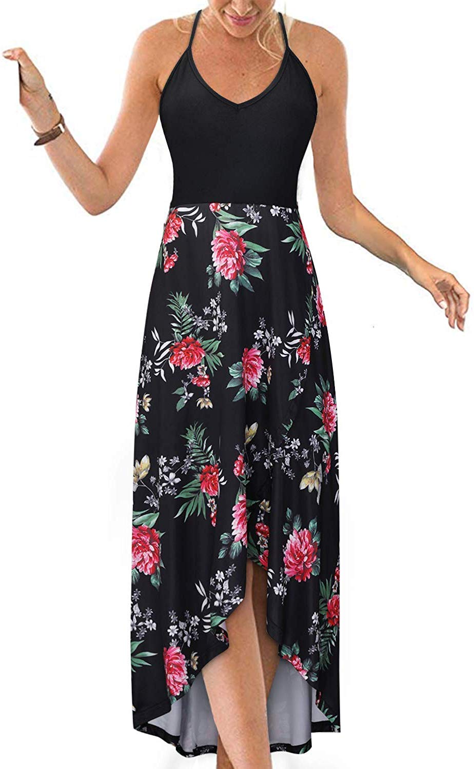 Women's Floral Patchwork Maxi Dress - V Neck Sleeveless Asymmetrical Summer Dress for Beach, Vacation & Outdoor Parties | Lightweight Flowy Boho Chic Dress