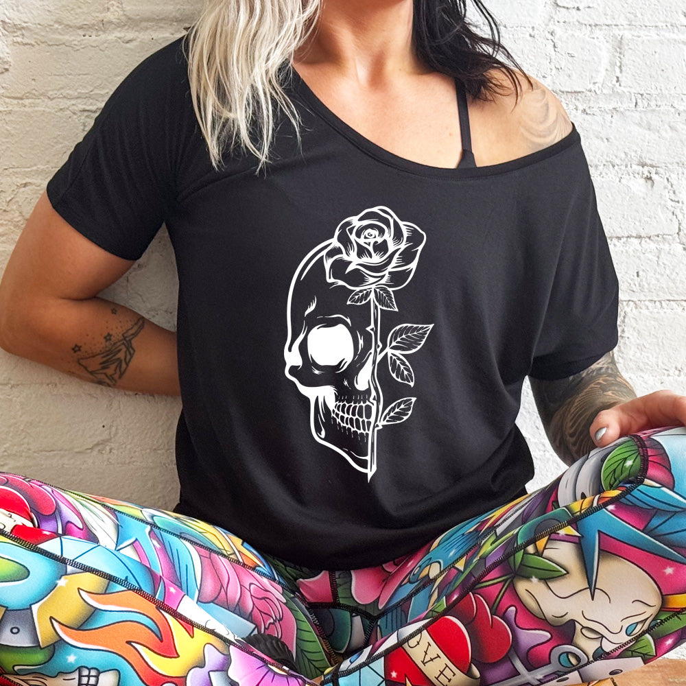 Skull Rose Slouchy T-Shirt | Gothic Graphic Tee for Women | Casual Streetwear & Festival Outfit