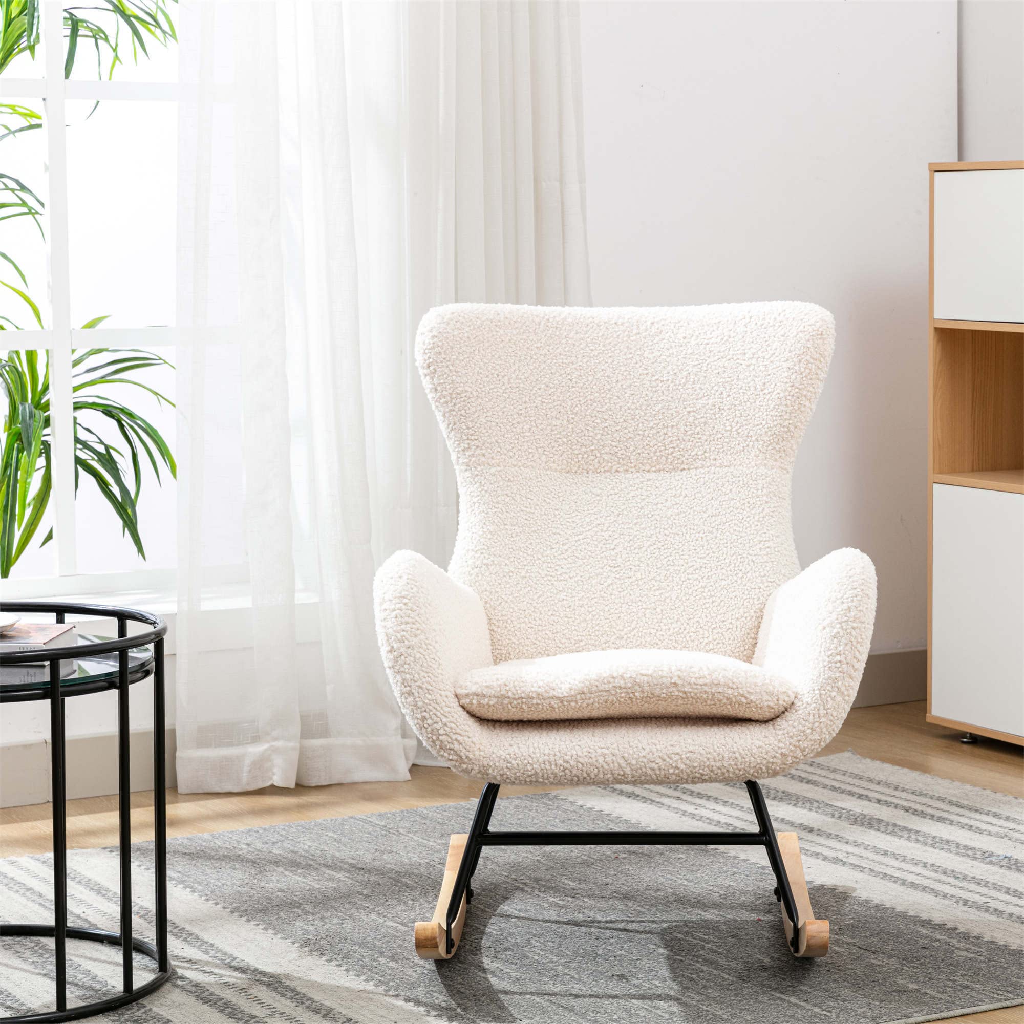 Comfy Beige Teddy Fabric Rocking Chair with High Backrest & Armrests - Padded Seat Living Room Armchair for Nursery, Bedroom & Playroom | Perfect for Relaxing, Nursing & Reading
