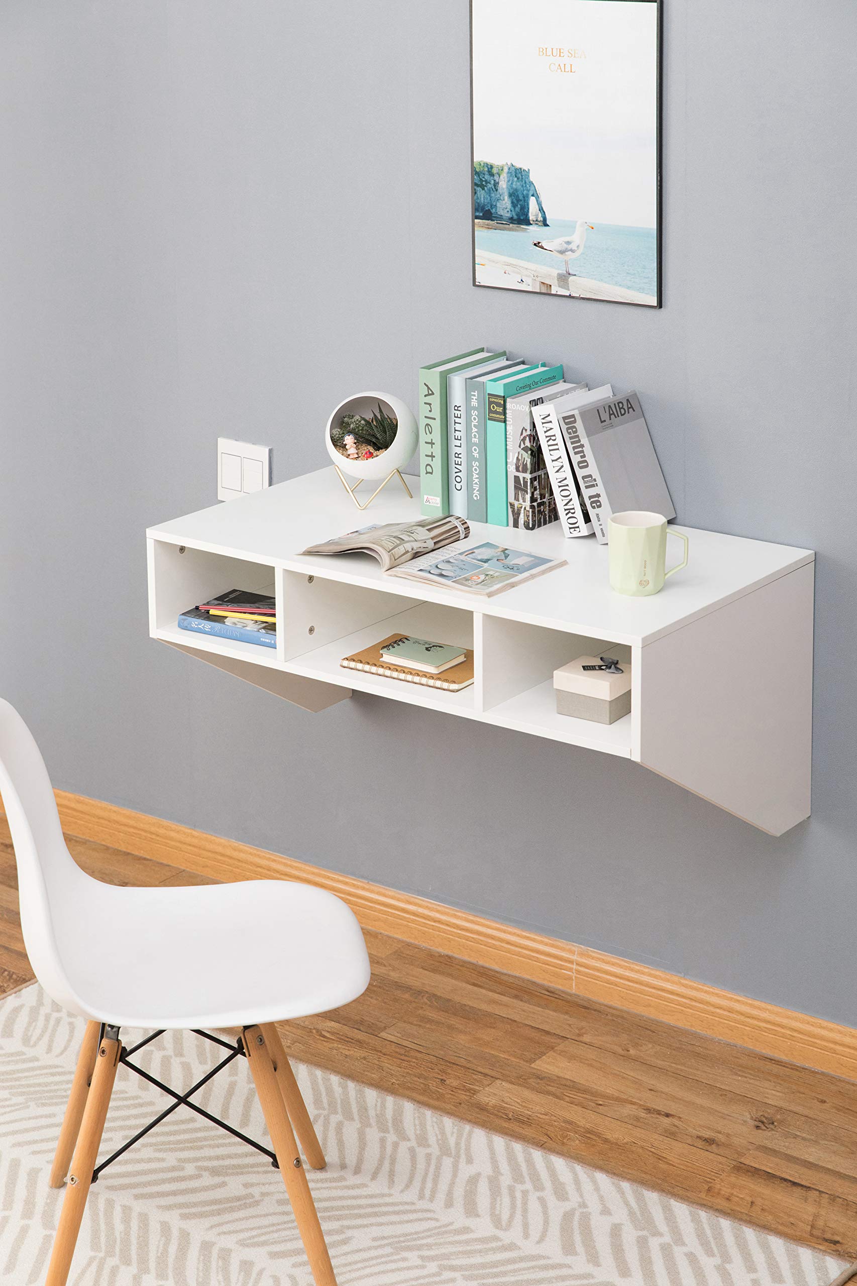 Wall Mounted Office Computer Desk with 3 Compartments - Space Saving Floating Workstation for Small Spaces, Home Office & Study Room - White Modern Design