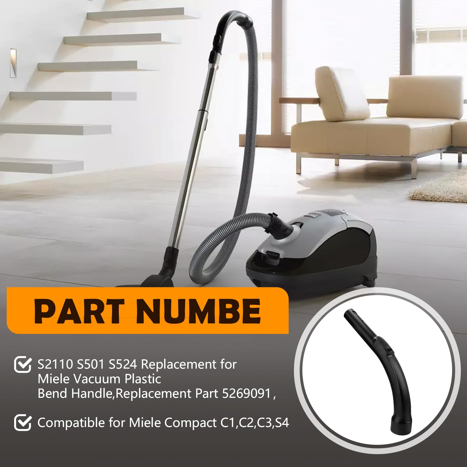 Miele Vacuum Cleaner Replacement Plastic Bend Handle - Compatible with S2110, S501, S524, C1, C2, C3 & All S Series Models (Part #5269091) - Perfect for Hose Wand Repair & Home Cleaning Maintenance