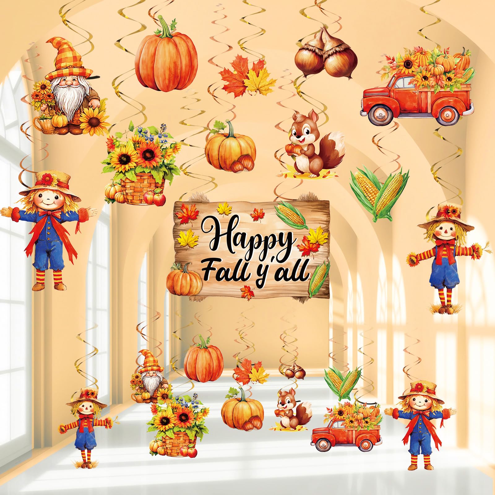 54 Pcs Watercolor Fall Party Decorations - Thanksgiving Hanging Swirls, Pumpkin & Maple Leaf Cutouts for Autumn Harvest Ceiling Decor - Perfect for Thanksgiving Dinner, Halloween Party & Harvest Festival Decorations