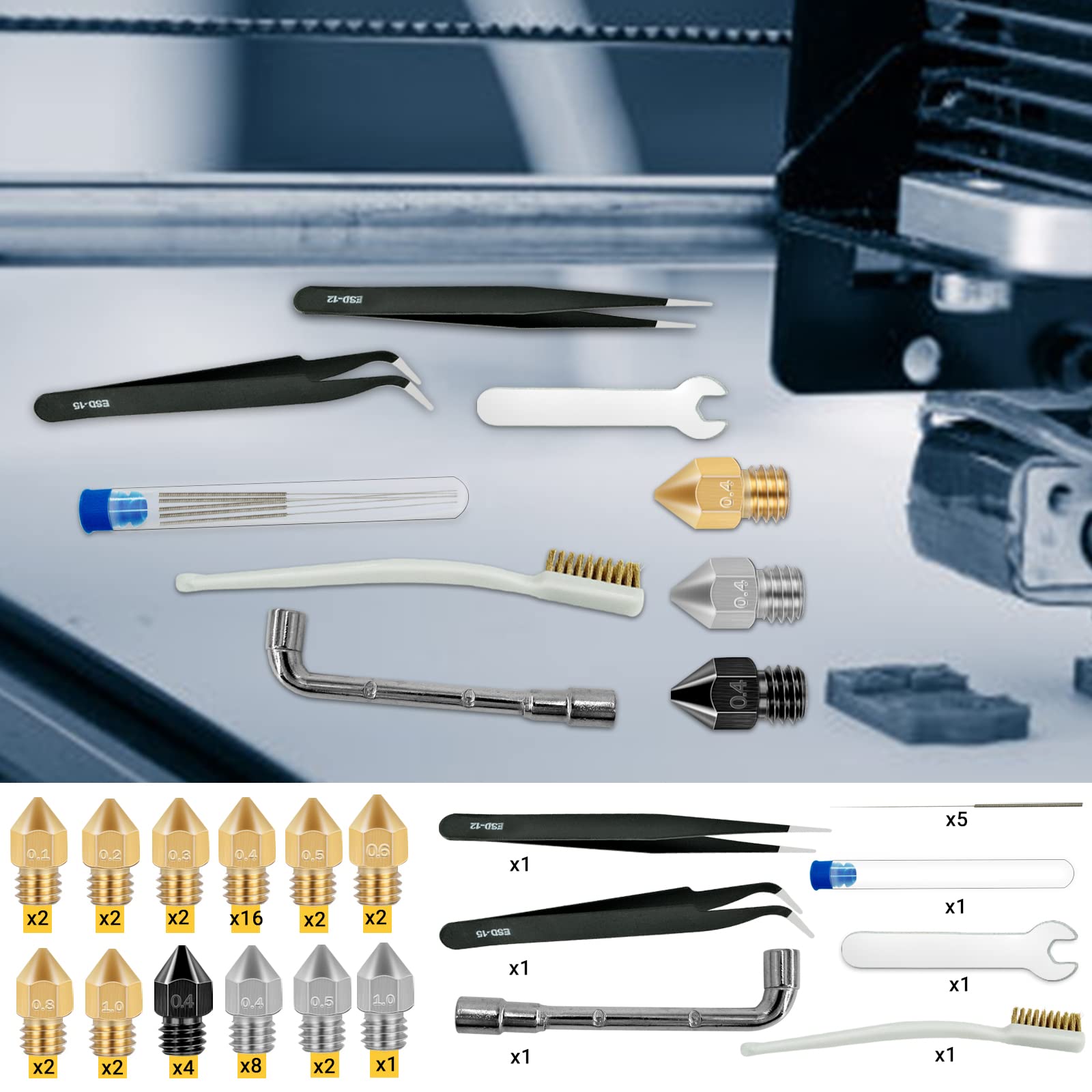 50 Pcs 3D Printer Nozzles Kit - Hardened Steel, Stainless Steel & Brass Extruder Nozzles for CR-10, Ender 3 | High Temperature Resistant, Wear Proof MK8 Nozzles with Cleaning Kit | Perfect for DIY 3D Printing, Prototyping & Model Making