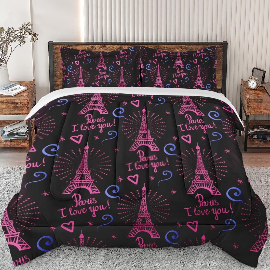 King Size Comforter Set - Paris I Love You Soft Bedding Collection for Kids & Adults, Eiffel Tower Design with 2 Pillowcases | Cozy Bedroom Decor for Guest Rooms, Kids' Rooms & Master Bedrooms