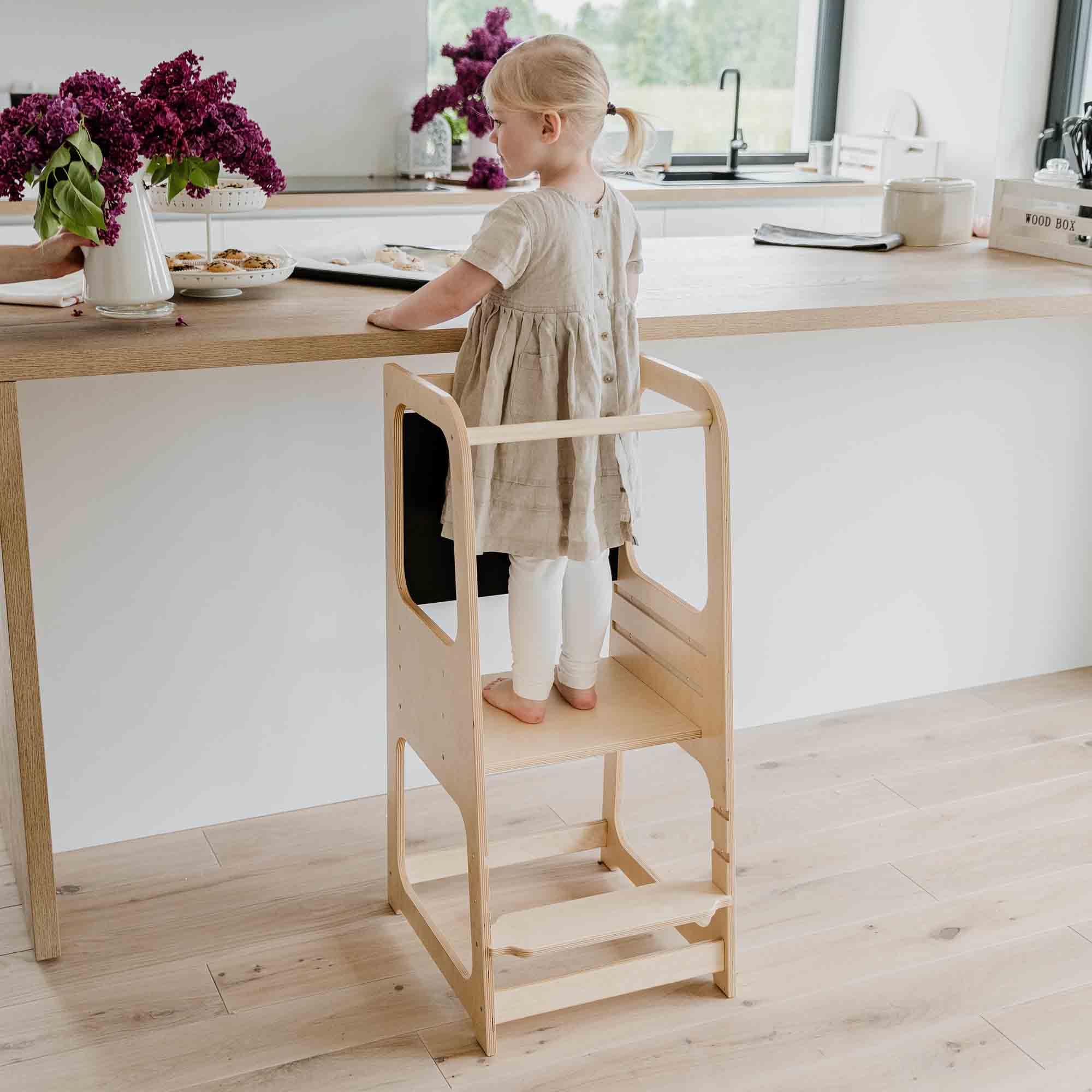 Adjustable Montessori Kitchen Tower for Toddlers - Safe Learning Step Stool with Chalkboard - Perfect for Baking, Cooking & Playtime - Kids Activity Helper for Kitchen Counter Access