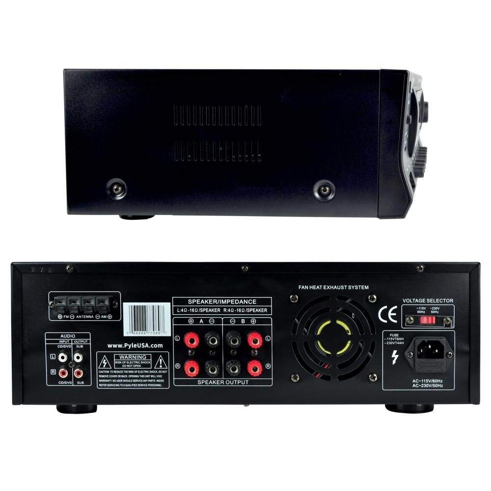 Pyle Wireless Bluetooth Audio Power Amplifier - 300W 4 Channel Home Theater Stereo Receiver with USB, AM/FM Radio, 2 Mic Inputs with Echo, RCA, LED Display, Speaker Selector - Perfect for Studio, Home Theater, Karaoke & Party Use - PT272AUBT (Black)