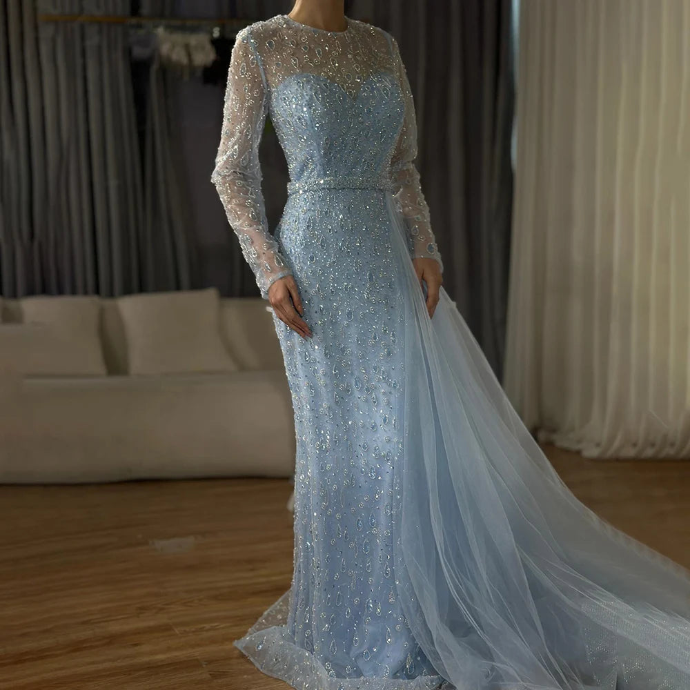 Elegant Blue Saudi Arabic Evening Gown with Beaded Side Overskirt - Dubai Luxury Formal Dress LA72734 for Wedding, Gala & Special Occasions