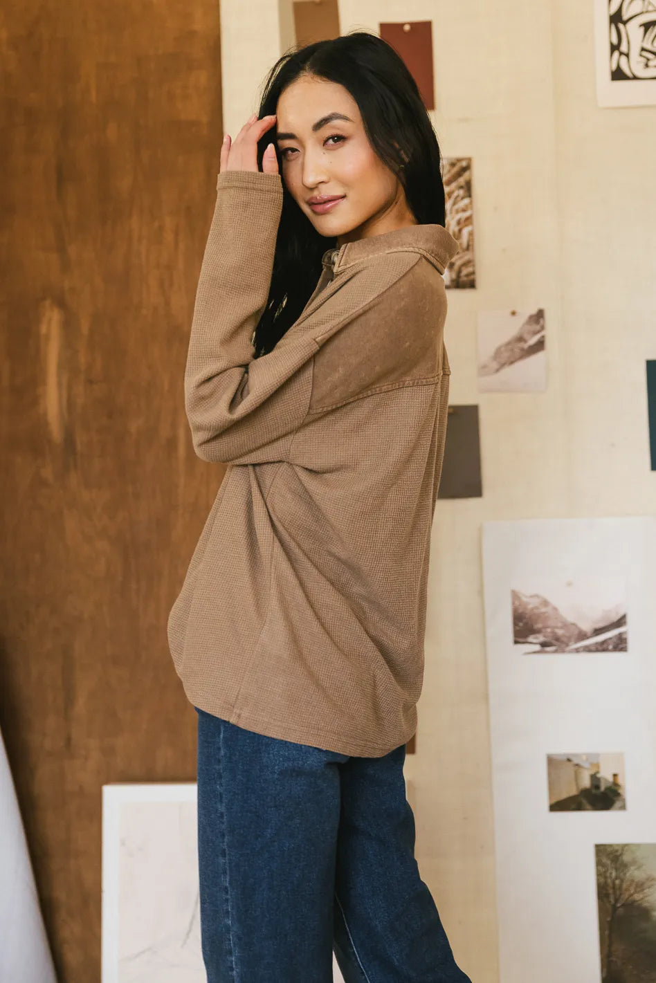 Isabelle Waffle Knit Henley Top Women's Casual Long Sleeve Shirt in Mocha Brown | Cozy Fall Winter Layering Piece for Coffee Dates & Weekend Outfits