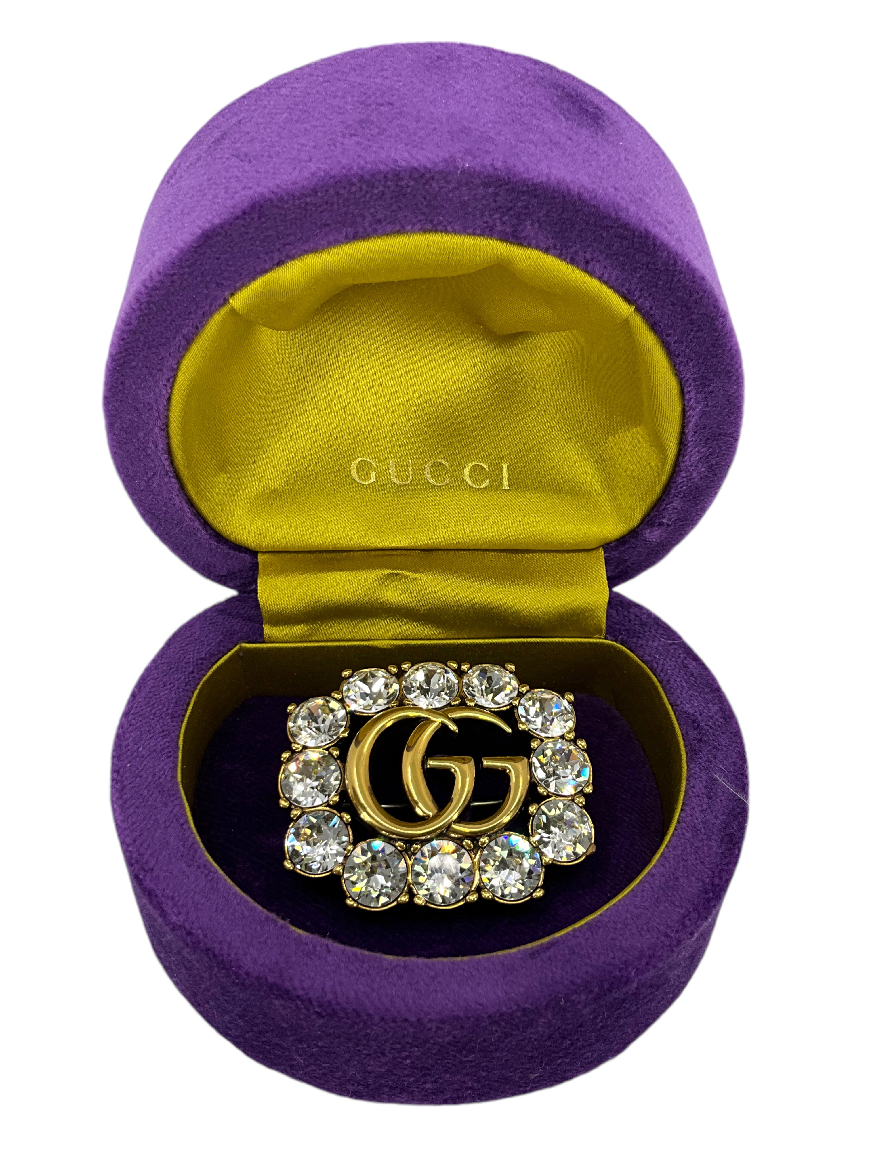 Authentic GUCCI Metal Double G Brooch with Swarovski Crystals - Luxury Fashion Accessory for Women, Gift for Her | Perfect for Blazers, Coats, Bags & Special Occasions