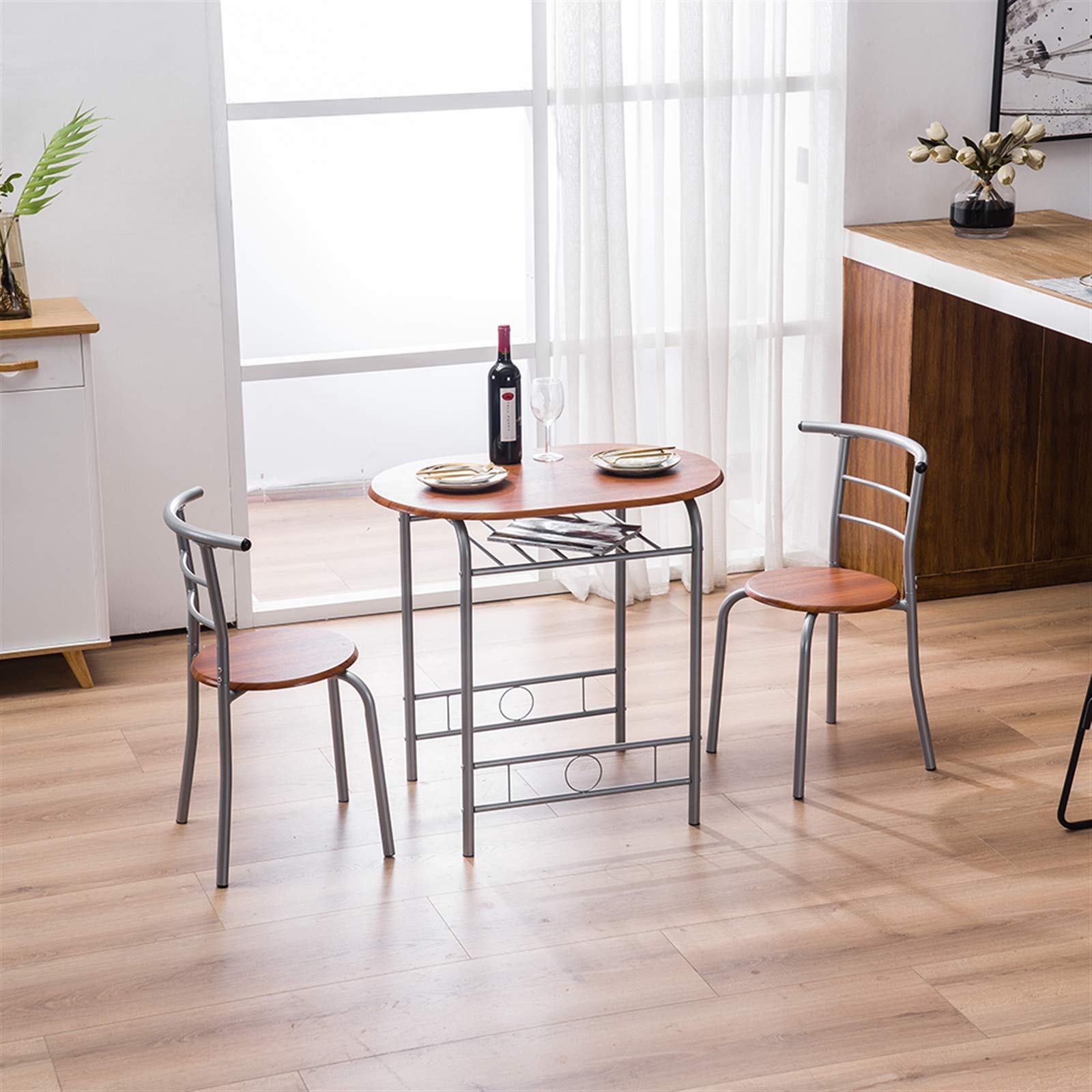 3-Piece Wooden Dining Table Set with 2 Chairs - Round Kitchen Table & Chairs for Small Spaces, Steel Frame with Wine Rack - Perfect for Kitchen, Dining Room, Breakfast Nook, Apartment, and Compact Homes (Ship from USA)