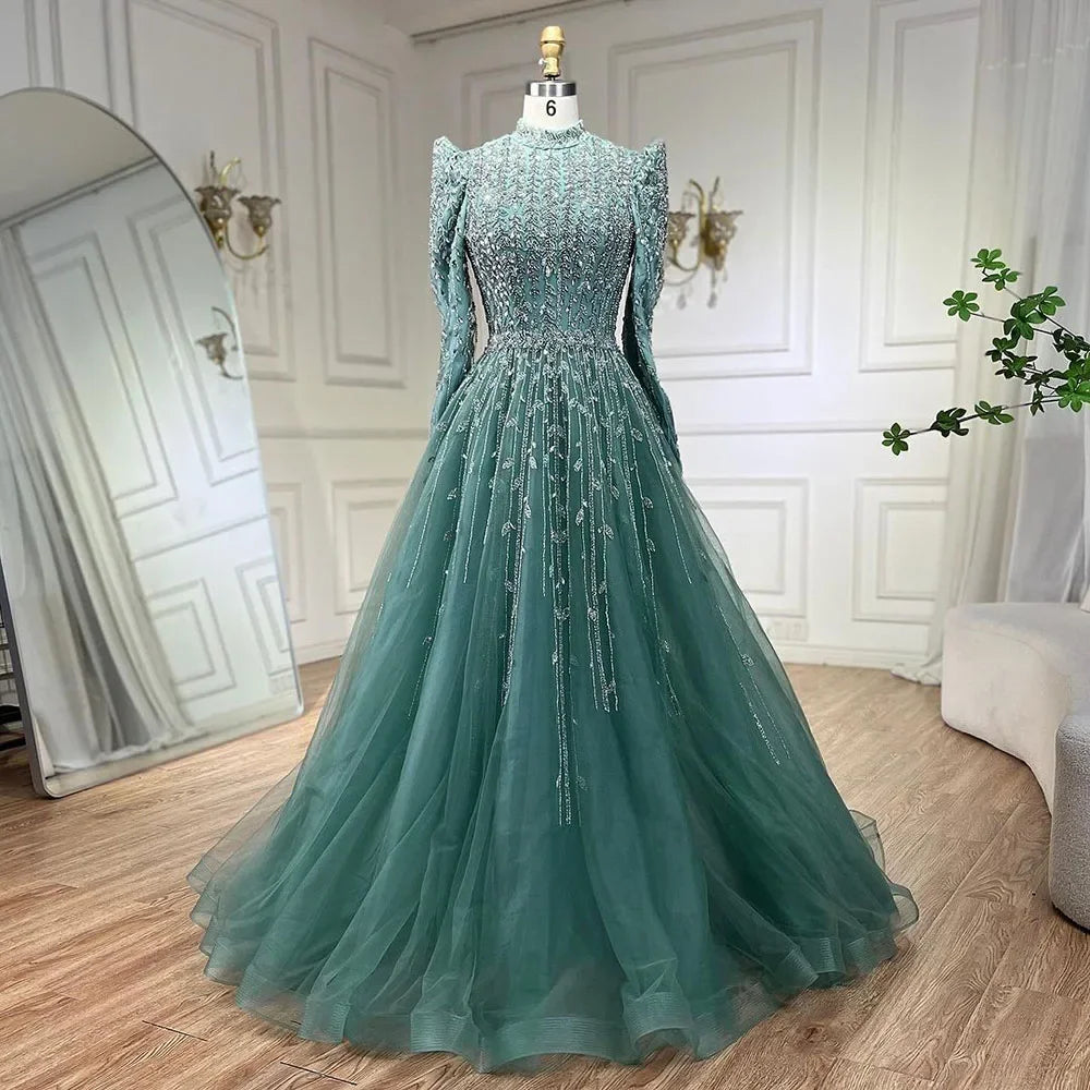 Luxury Sage Green Beaded Evening Gown - Arabic Designer Dubai A-Line Dress for Women | Wedding, Party & Formal Events 2025 | Elegant Prom, Gala & Special Occasion Wear