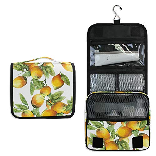 Waterproof Hanging Travel Toiletry Bag for Women - Lemon Print Cosmetic Makeup Organizer Pouch | Perfect for Vacation, Gym, Camping & Daily Use