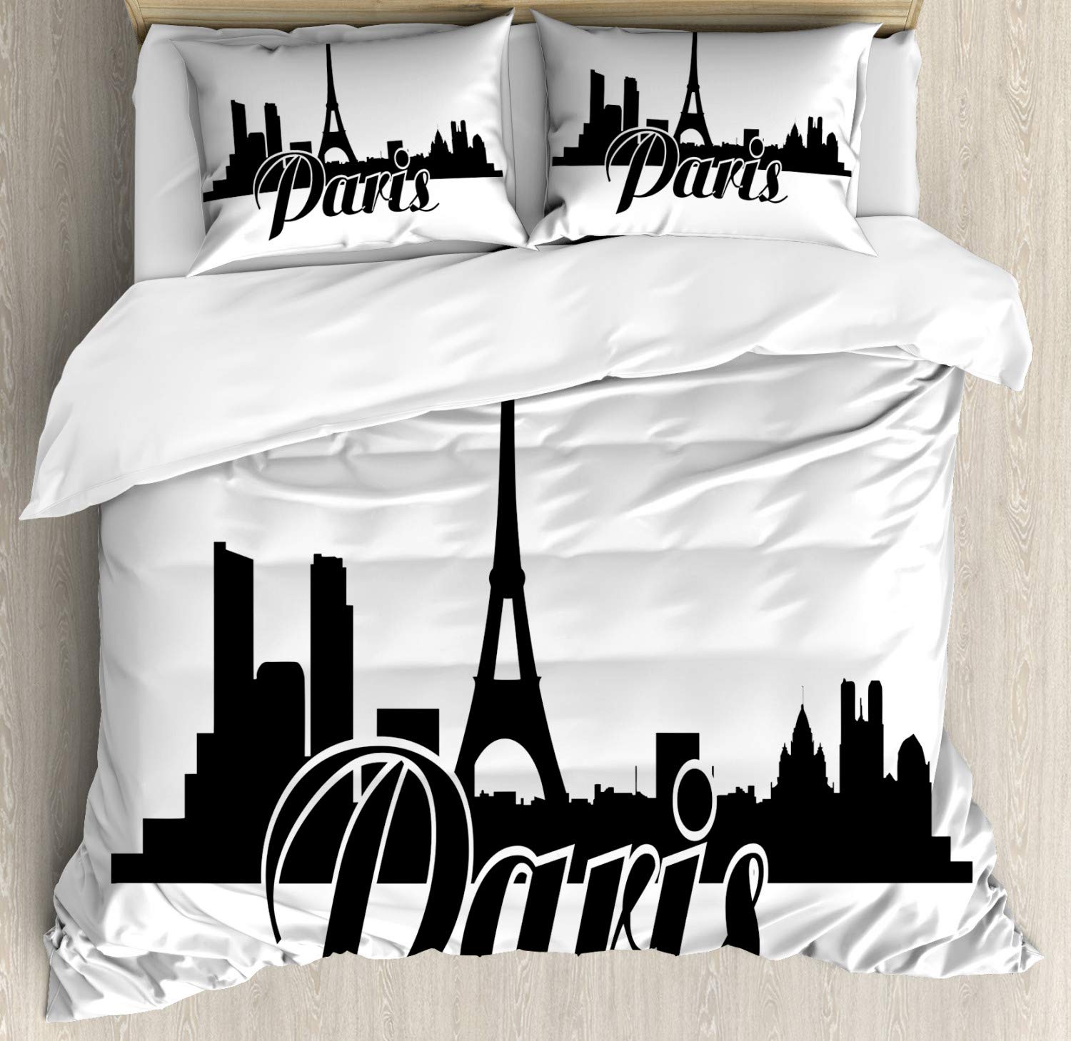 Ambesonne Eiffel Tower Duvet Cover Set - Modern Paris Cityscape Design 3-Piece King Size Bedding with Pillow Shams in Charcoal Grey & White | Perfect for French-Themed Bedrooms, Paris Lovers & Home Decor