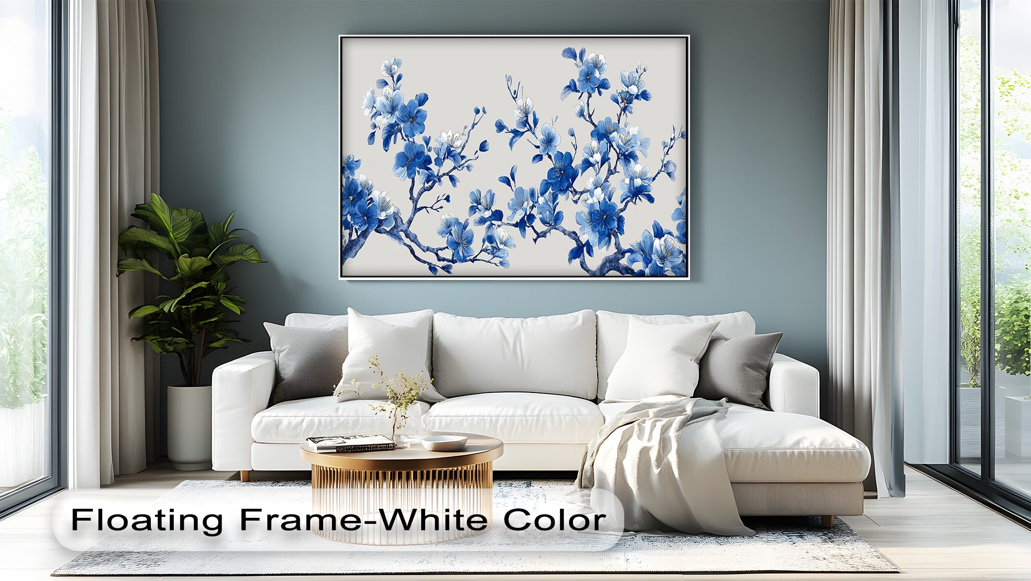 Blue Blossom Harmony Cherry Blossom Branch Canvas Wall Art - Japanese Style Floral Painting for Living Room, Bedroom & Office Decor