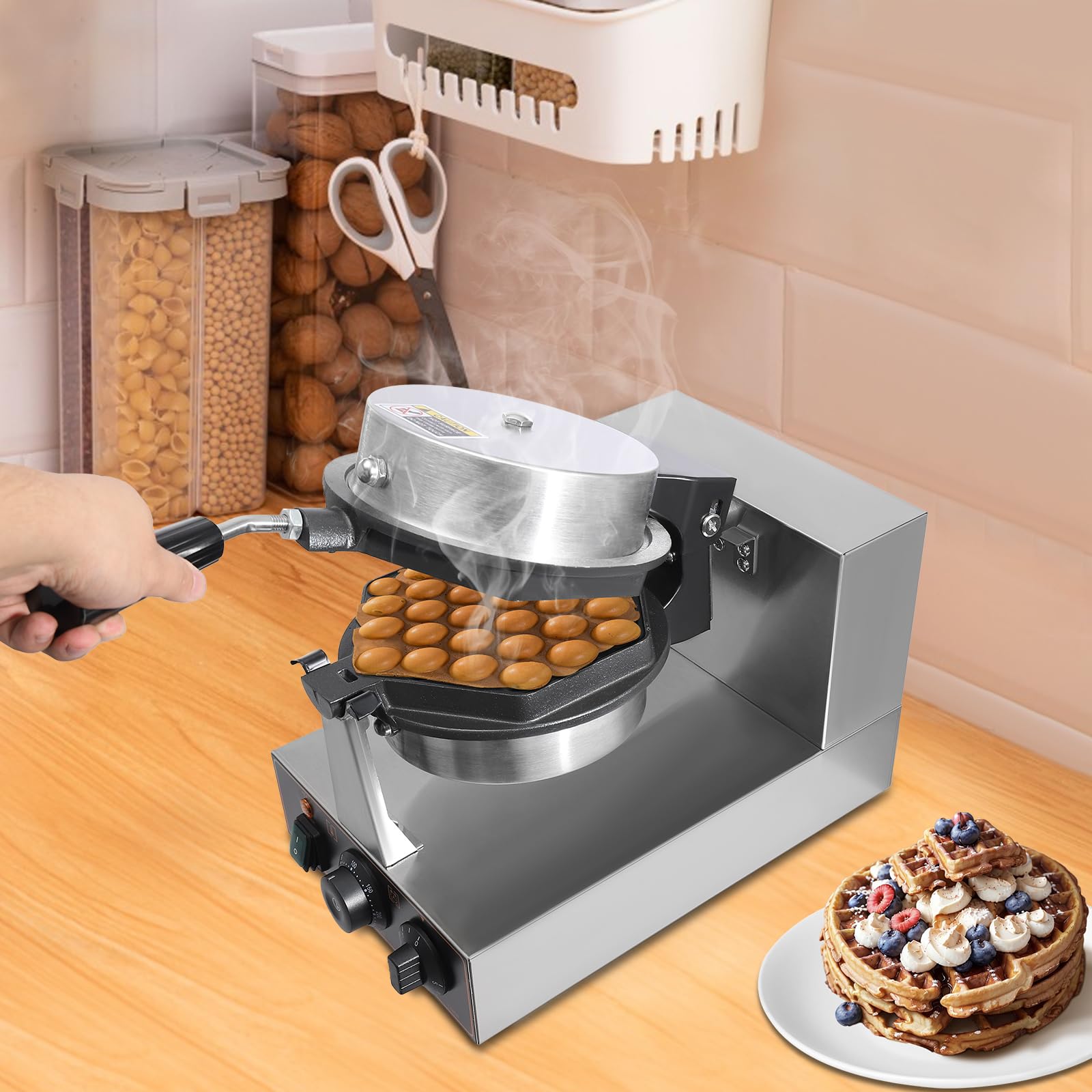 Commercial Bubble Waffle Maker 1300W - 180° Rotatable Dual Non-Stick Pans - Stainless Steel Egg Puff Iron with Adjustable Temp (50-300°C/122-572°F) - Perfect for Cafes, Food Trucks & Home Breakfast