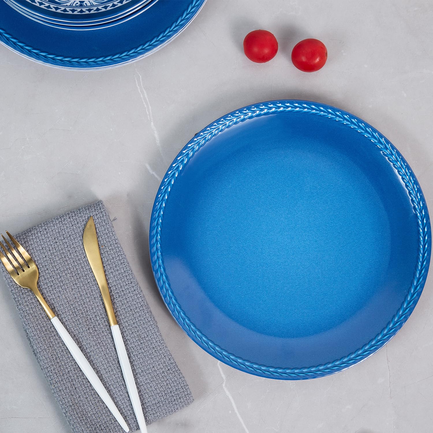 12-Piece Melamine Dinnerware Set - Durable Plates & Bowls for 4 People, Dishwasher Safe Blue Floral Design - Perfect for Outdoor Picnics, Indoor Dining, and Camping Trips