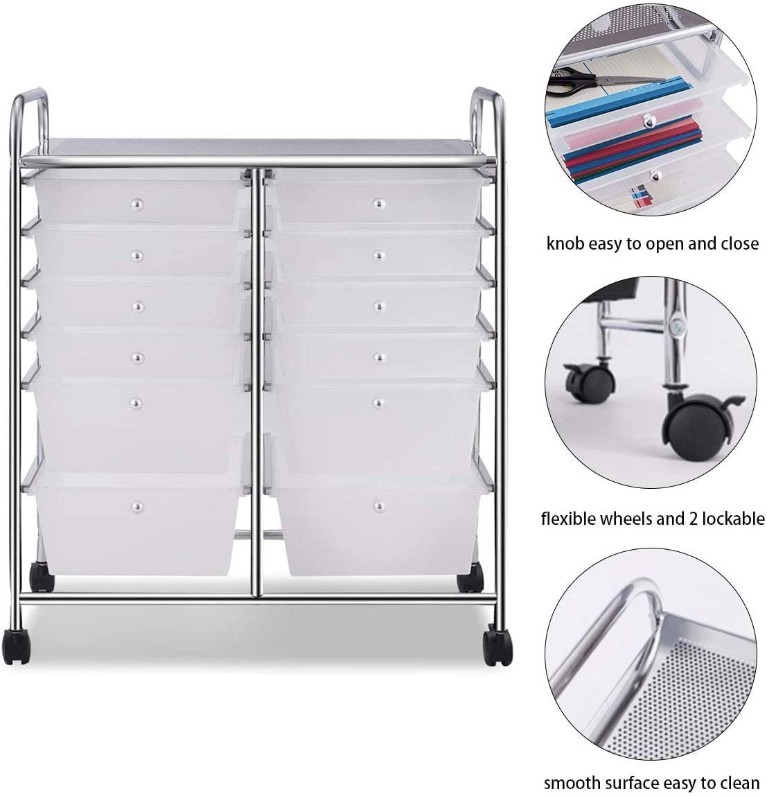 FANTASK 12-Drawer Rolling Storage Cart with Wheels - Multipurpose Organizer Utility Trolley for Tools, Scrapbook Paper, School, Office, Home & Beauty Salon (Clear) - Perfect for Craft Rooms, Workshops, Salon Stations & Closet Organization