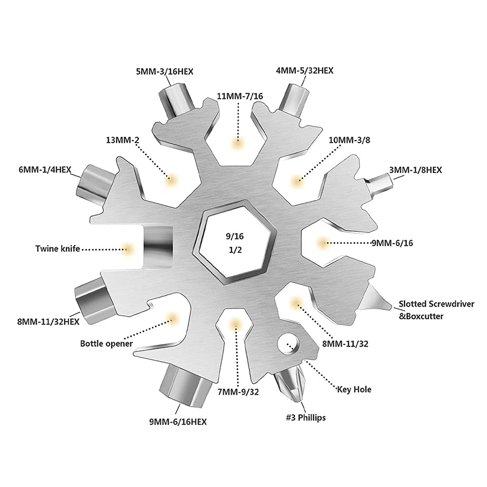 18-in-1 Snowflake Multi Wrench Keychain Tool - Compact Silver Pocket Multitool for Outdoor Camping, Hiking, Emergency Repairs & Christmas Gifts - Perfect for DIY, Car Maintenance & Survival Kits