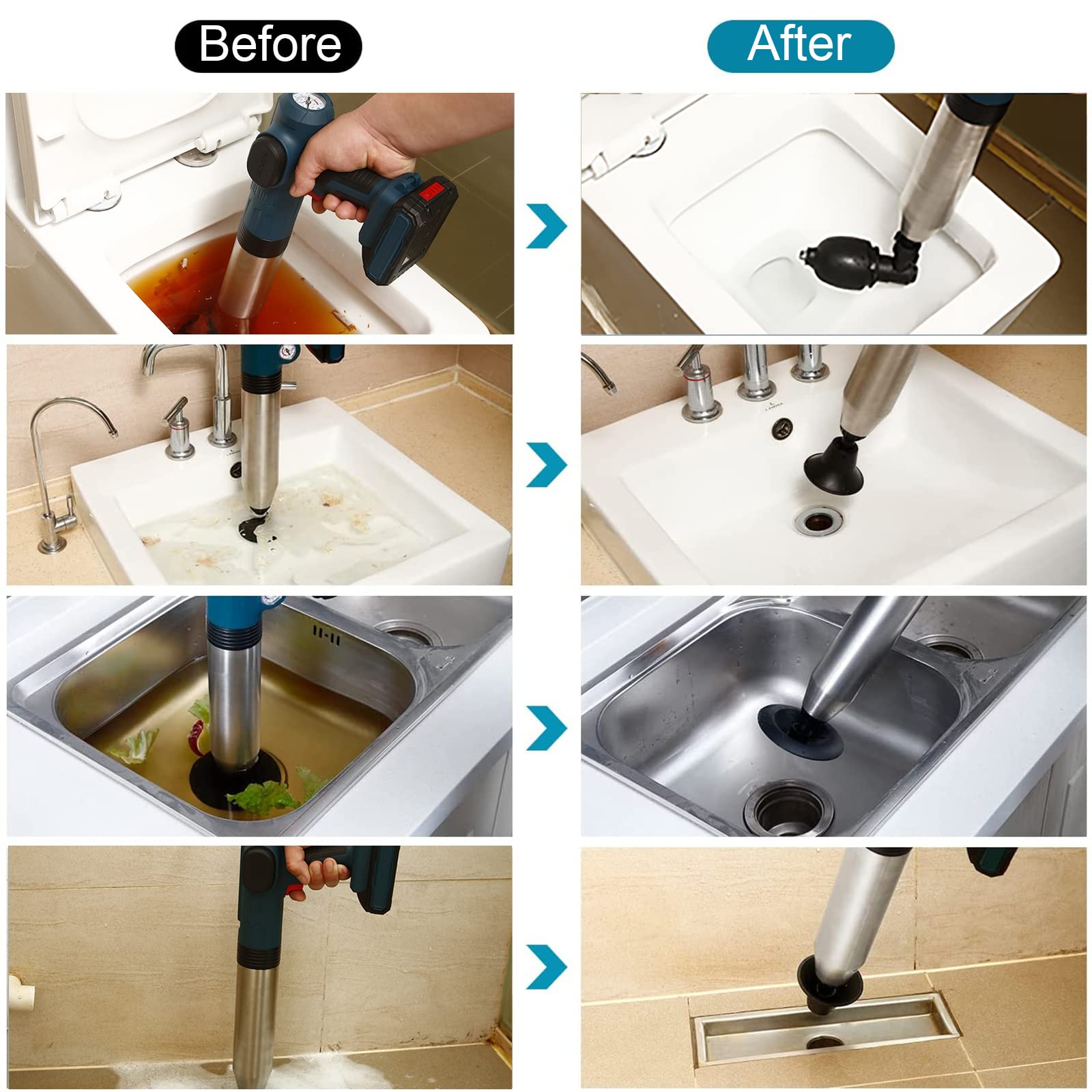 SRHIMEOS Electric Toilet Plunger - High Pressure Air Drain Clog Remover for Toilets, Sinks, Kitchen & Floor Drains - Effectively Eliminates Blockages & Grease - Perfect for Home, RV & Commercial Use