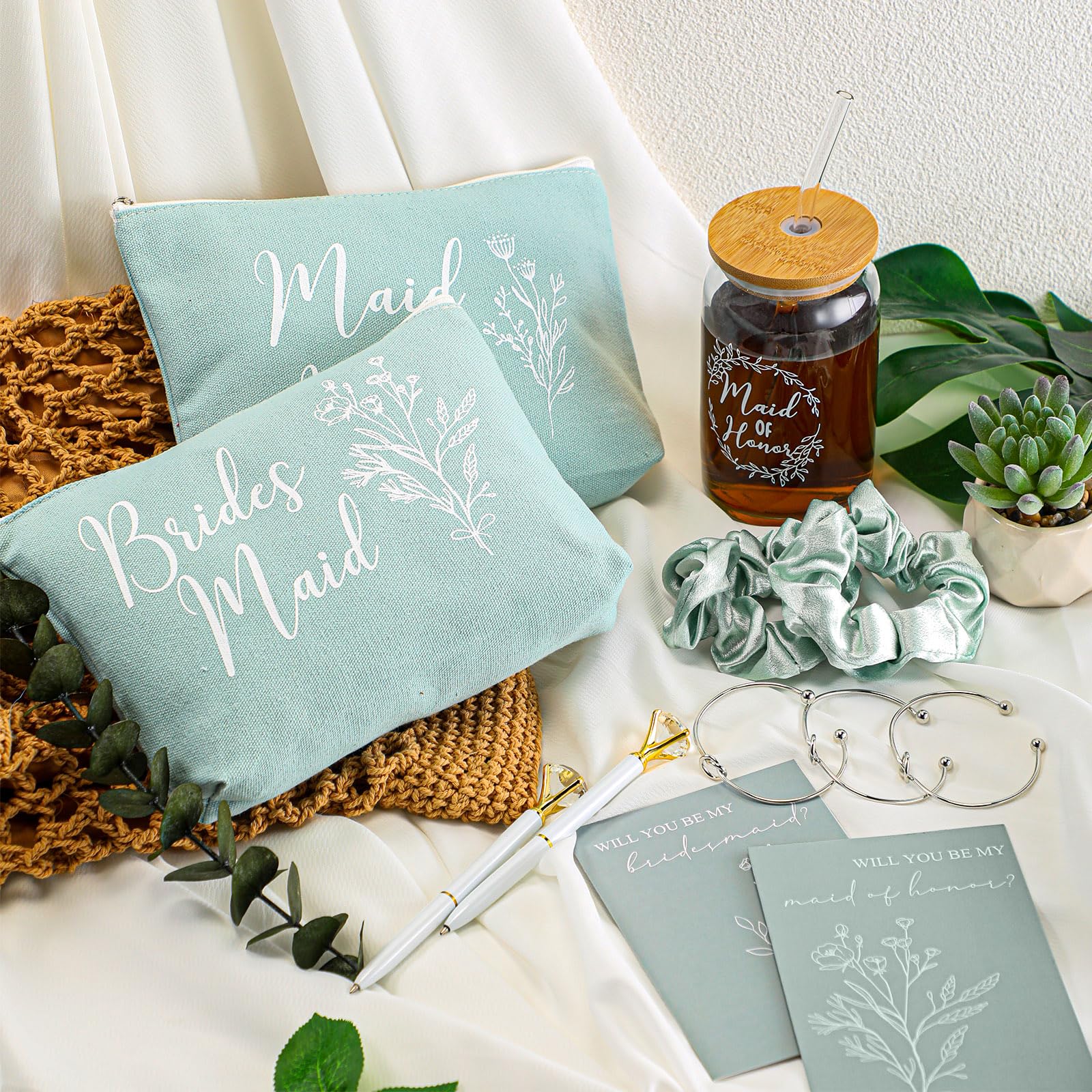 36 Pcs Bridesmaid Proposal Gift Set - 16oz Glass Cup, Cosmetic Bag, Invitation Cards, Scrunchies, Knotted Bracelet & Diamond Pen - Perfect for Wedding Showers, Bachelorette Parties & Bridesmaid Gifts (Green)