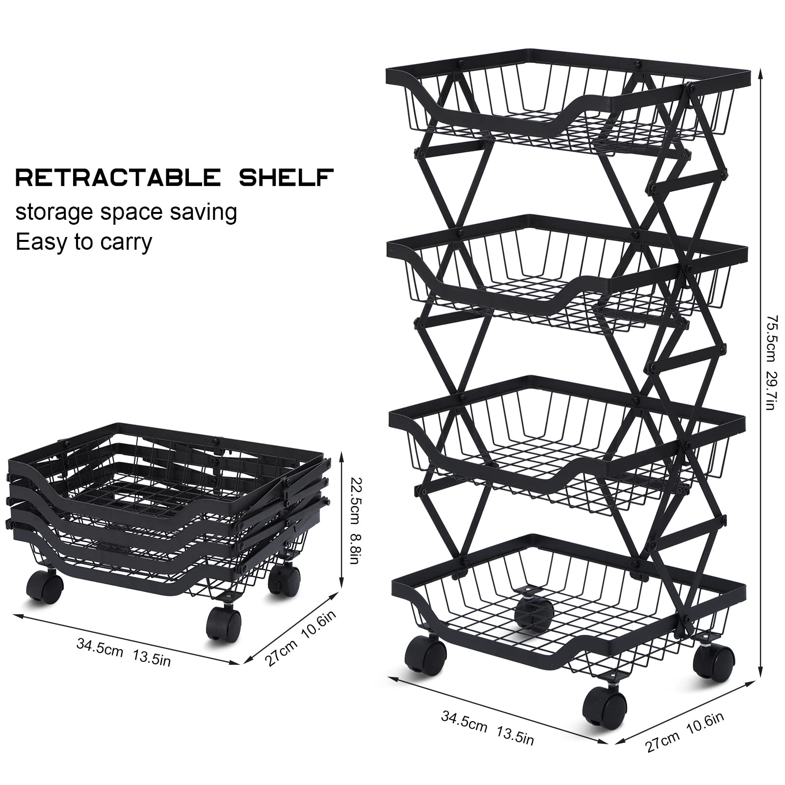 BRIAN & DANY 4-Tier Kitchen Storage Rack for Fruits and Vegetables - Space Saving Organizer Basket for Fresh Produce, Pantry, Countertop - Black (Perfect for Small Kitchens & Refrigerator Organization)