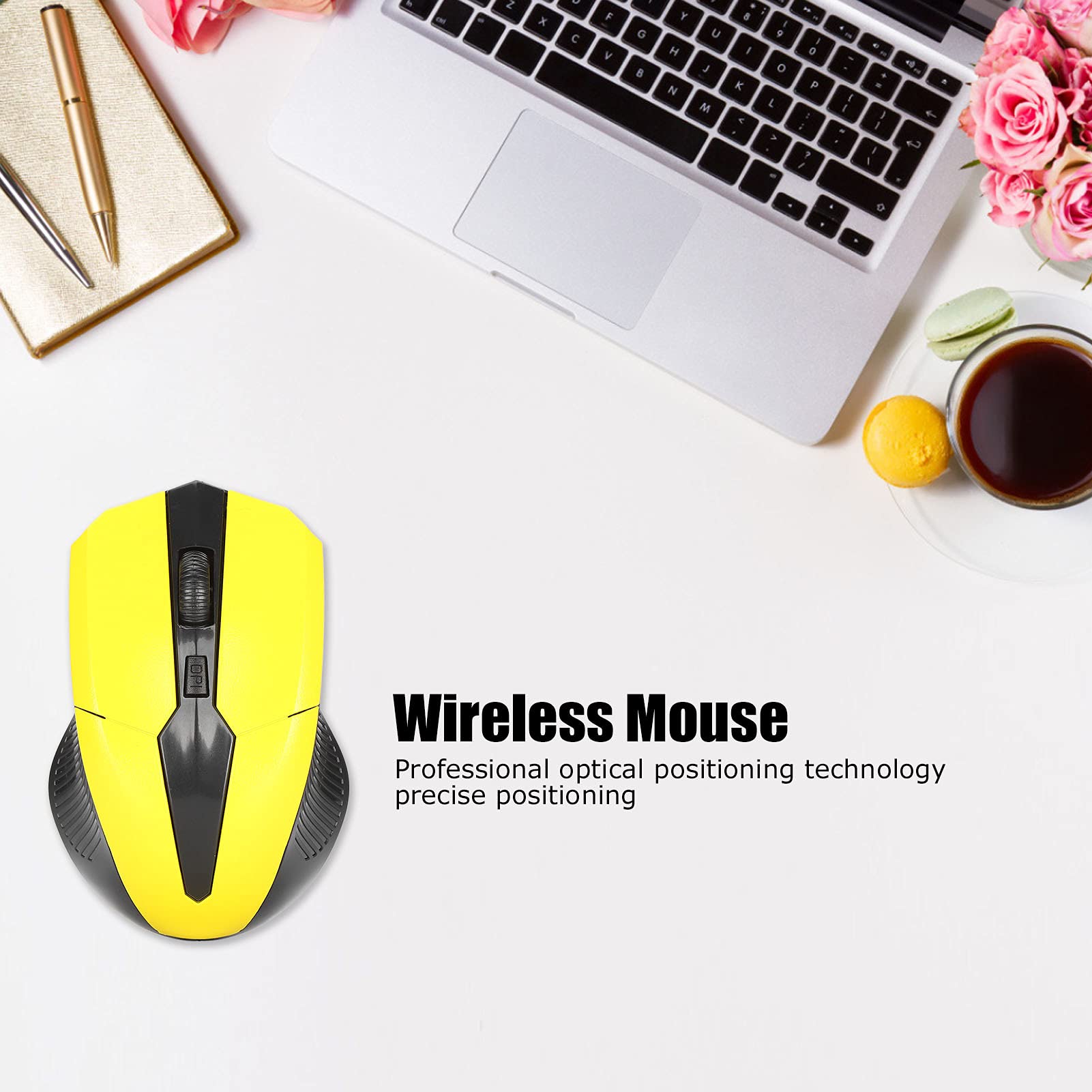 PUSOKEI 1600DPI 2.4G Wireless Ergonomic USB Mouse for PC & Laptop - Optical Computer Mouse with USB Receiver (Yellow) - Perfect for Office Work, Gaming & Home Use