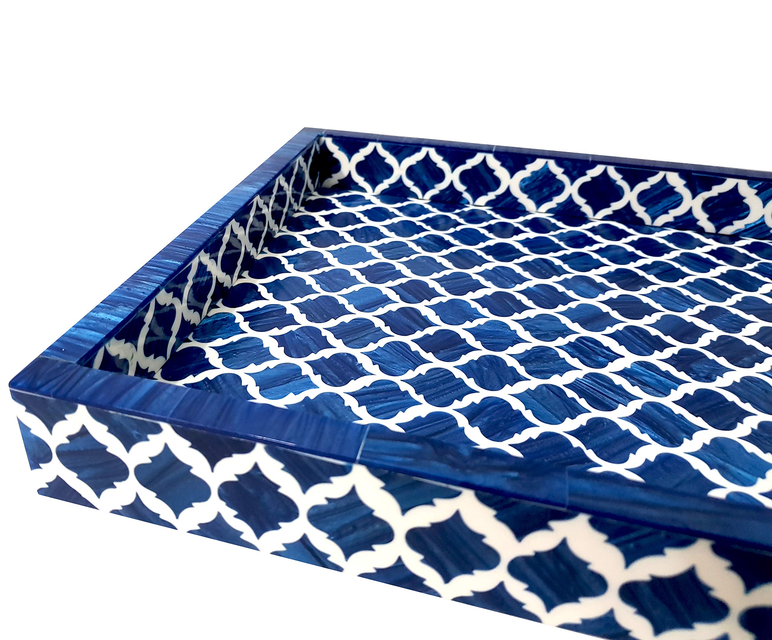 Handcrafted Blue & White Moorish Moroccan Bone Inlay Serving Tray - Multipurpose Decorative Tray for Breakfast, Tea, Coffee & Snacks - Perfect for Home Decor, Dining, and Gift Giving