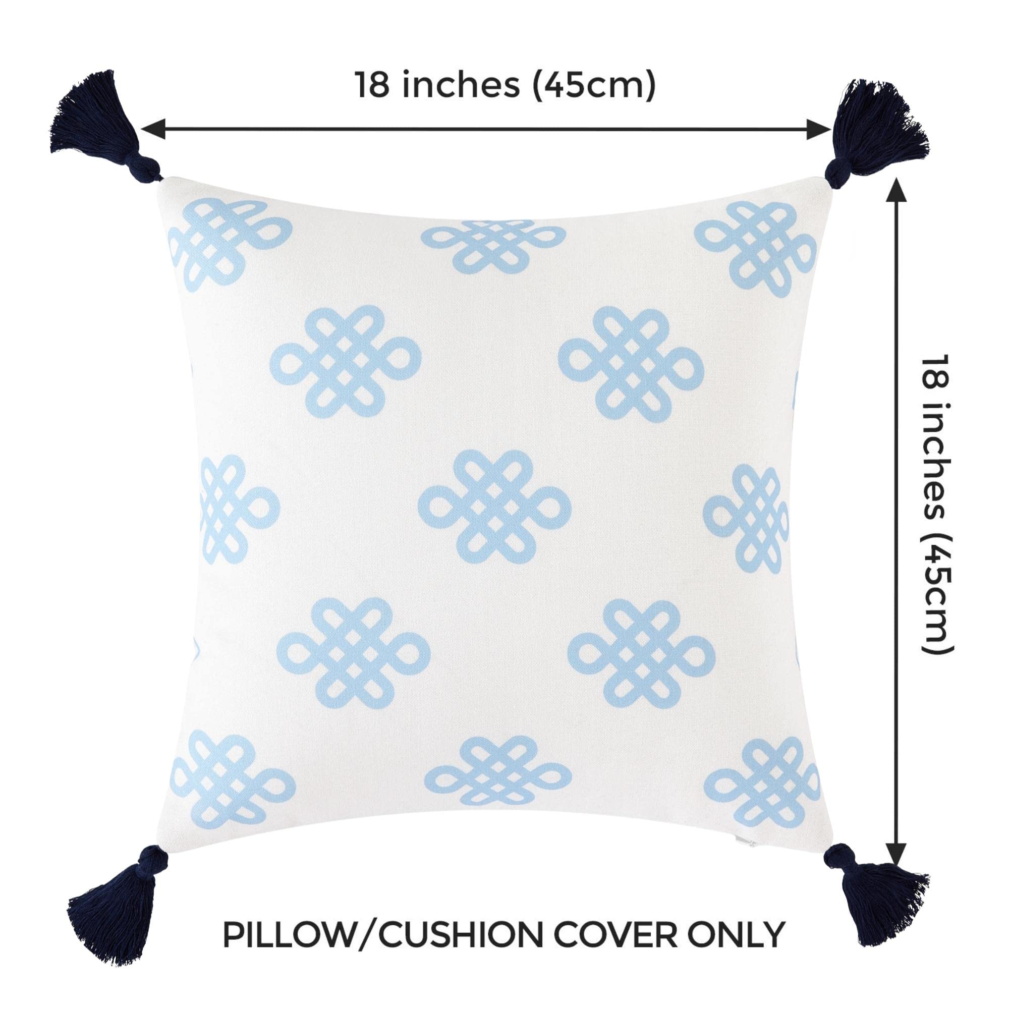 Blue Greek Key Knot Tassel Pillow Cover 18x18 - Coastal Style Indoor Outdoor Decorative Cushion for Patio, Sofa & Bedroom Decor