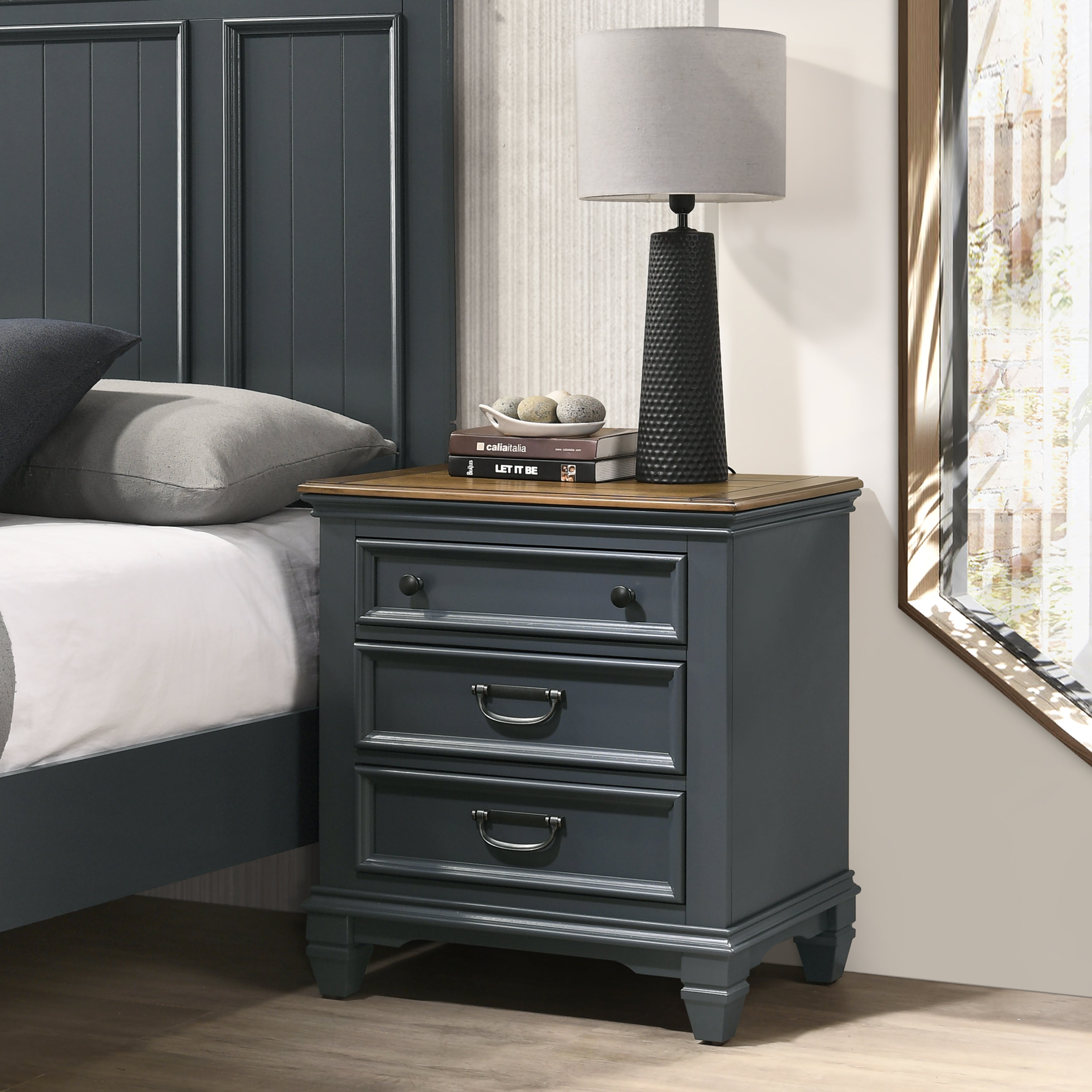 Roundhill Furniture Clelane Wood Bedroom Set with Shiplap Panel Bed - Queen Size, Slate Blue Finish - Modern Farmhouse Bedroom Decor for Master & Guest Rooms