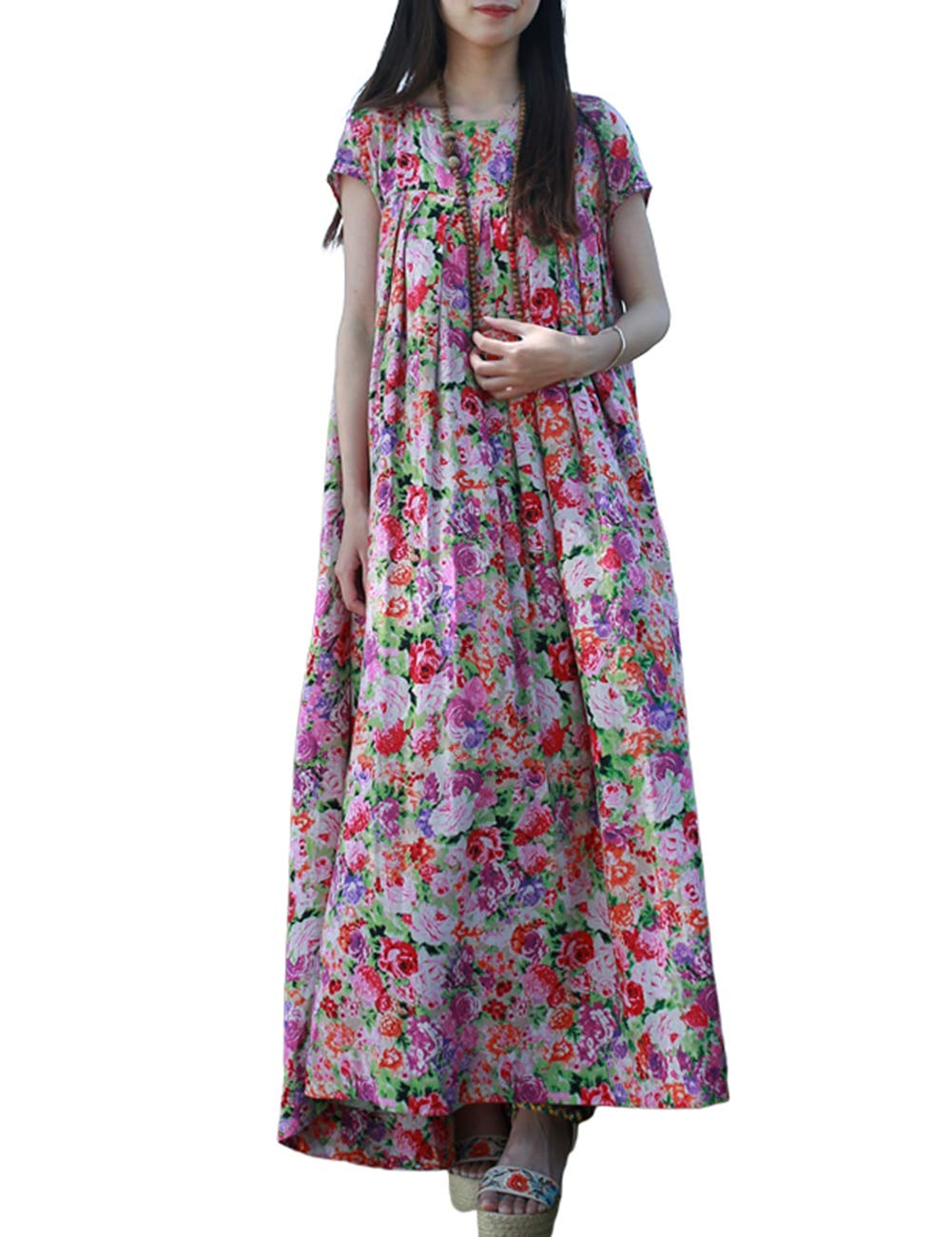 Women's Floral Sundress - Short Sleeve Summer Maxi Dress for Pregnant & Plus Size, Boho Beach Dress with Irregular Hem - Perfect for Vacation, Maternity Photos & Outdoor Weddings