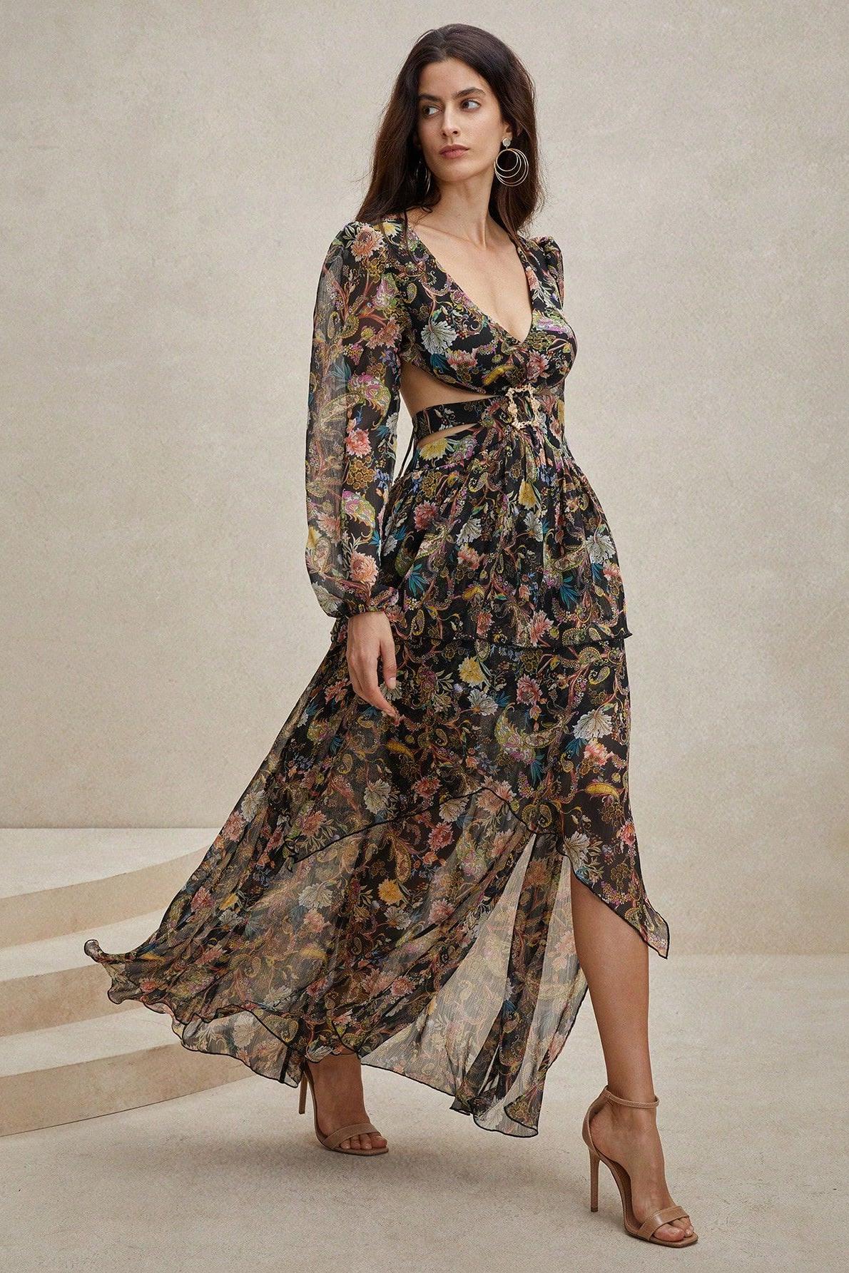 Elegant Chiffon Paisley Print Long Sleeve Midi Dress for Women - Boho Flowy Party & Wedding Guest Outfit