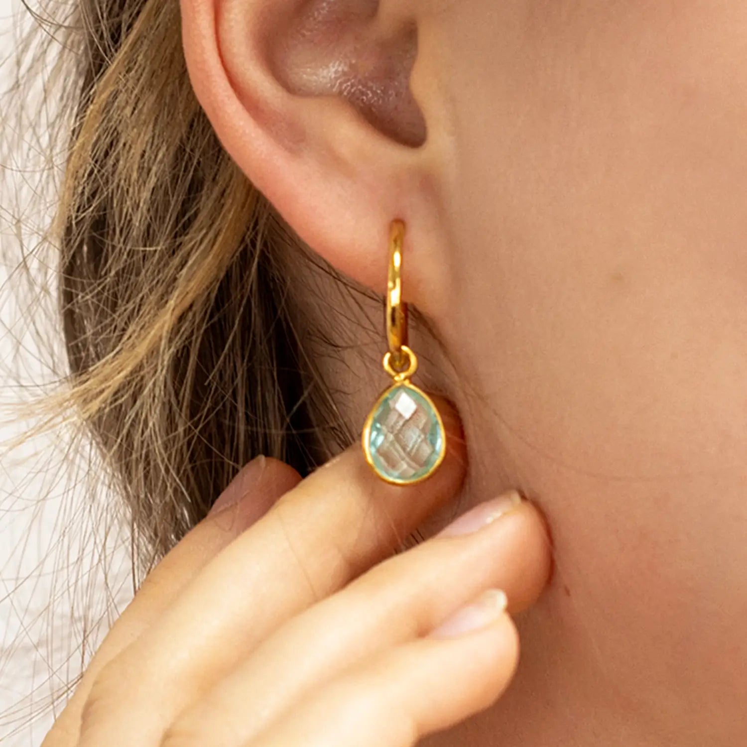 Blue Topaz Drop Hoop Earrings 14K Gold - Elegant Dangle Earrings for Women, Perfect for Weddings, Parties & Special Occasions