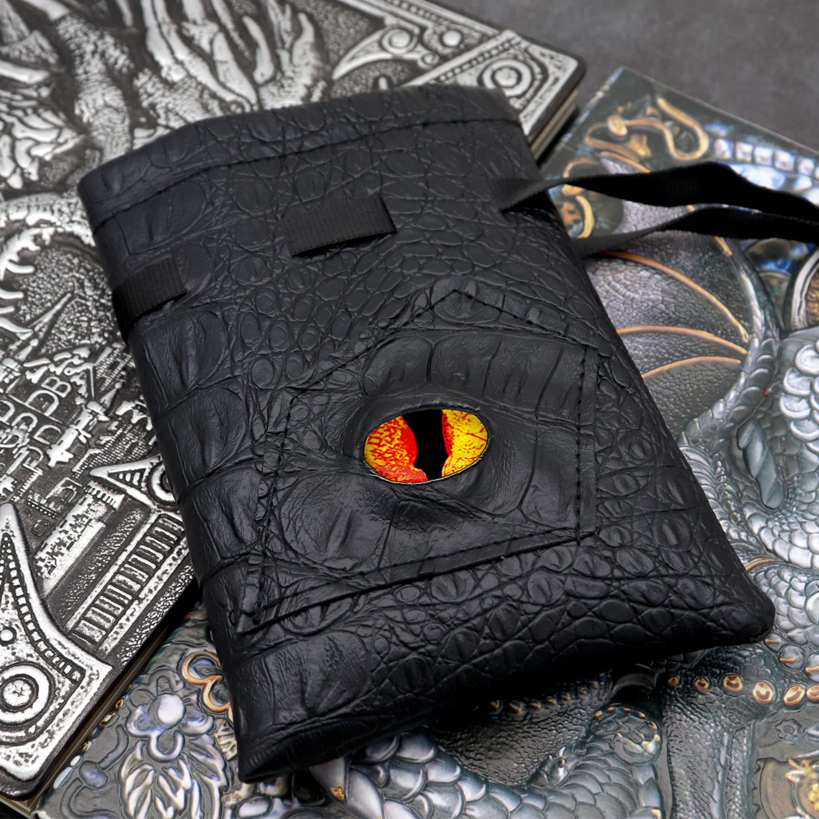 Haxtec Leather Dice Bag with Drawstring - DND Dice Pouch for Dungeons & Dragons, RPG Accessories & Coin Storage - Perfect for Tabletop Gaming & Gift Giving (Fire-Red Yellow Eye) - Patent D893867