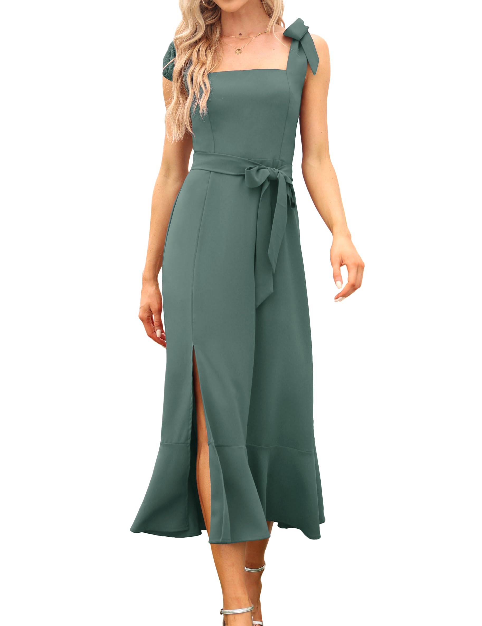 Elegant Square Neck Ruffle Bridesmaid Dress for Women - Split Midi Formal Gown for Wedding Guest, Cocktail Party & Special Occasions