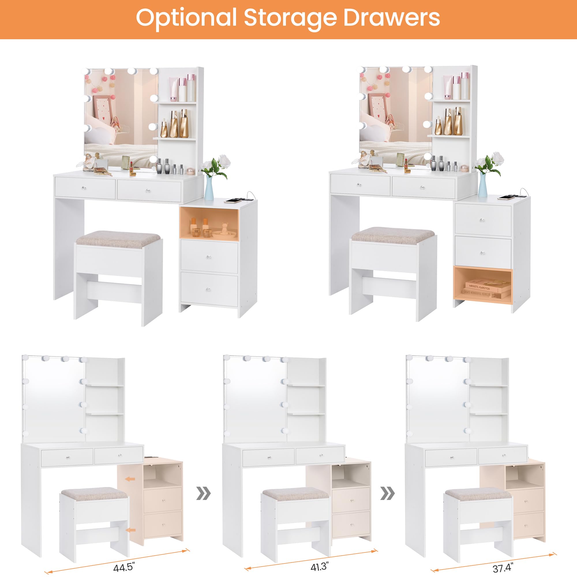 ANWBROAD White Makeup Vanity Desk with LED Lights & Mirror - 10 LED Bulbs, Charging Station, Drawers, Storage Shelves & Stool - Dressing Table for Women & Girls - Perfect for Bedroom, Dorm Room & Beauty Salon (Model: UBDT13W)