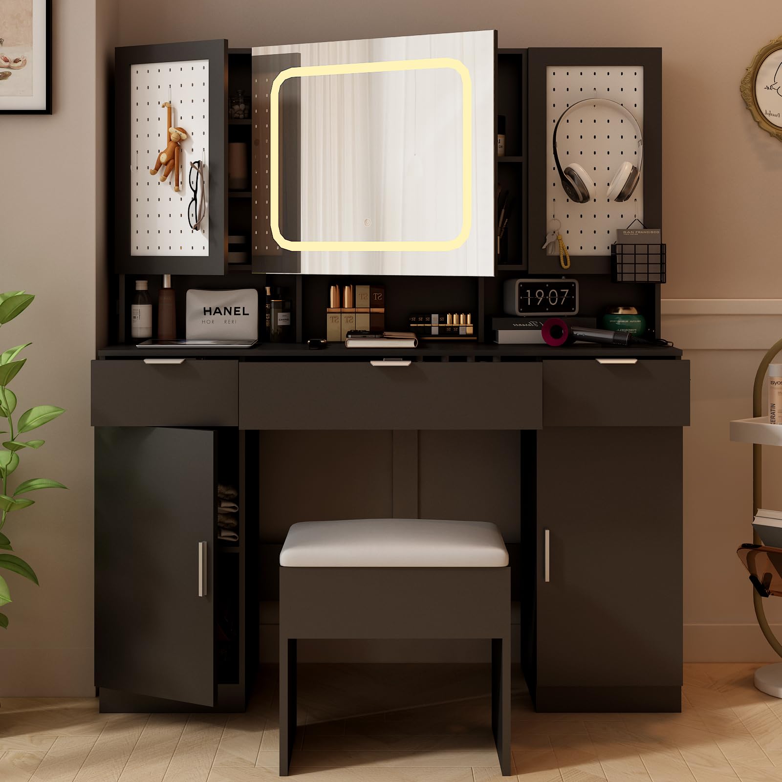Karl Home Large Vanity Table Set with LED Lighted Mirror - Makeup Vanity Desk with Charging Station, Storage Cabinets & Drawers, Cushioned Stool - Perfect for Bedroom Makeup & Dressing Area - Black