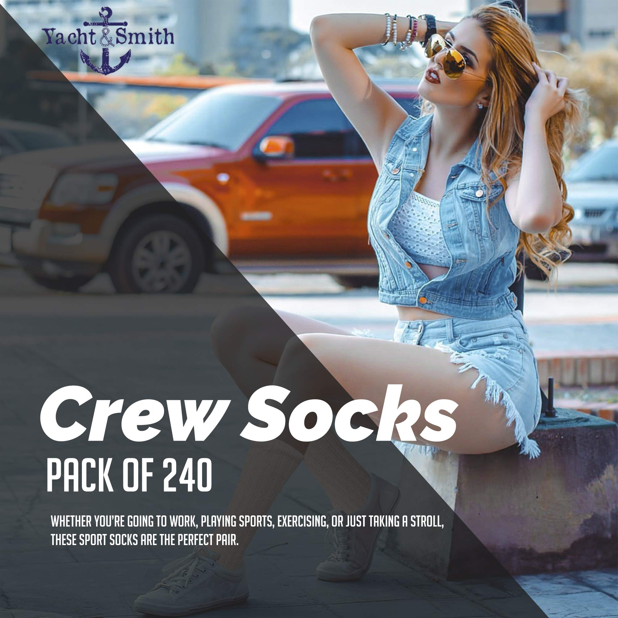 240 Pairs Bulk Wholesale Women's Crew Socks - Cotton Athletic Sports Socks for Running, Hiking & Casual Wear (Size 9-11) | Yacht & Smith Brand