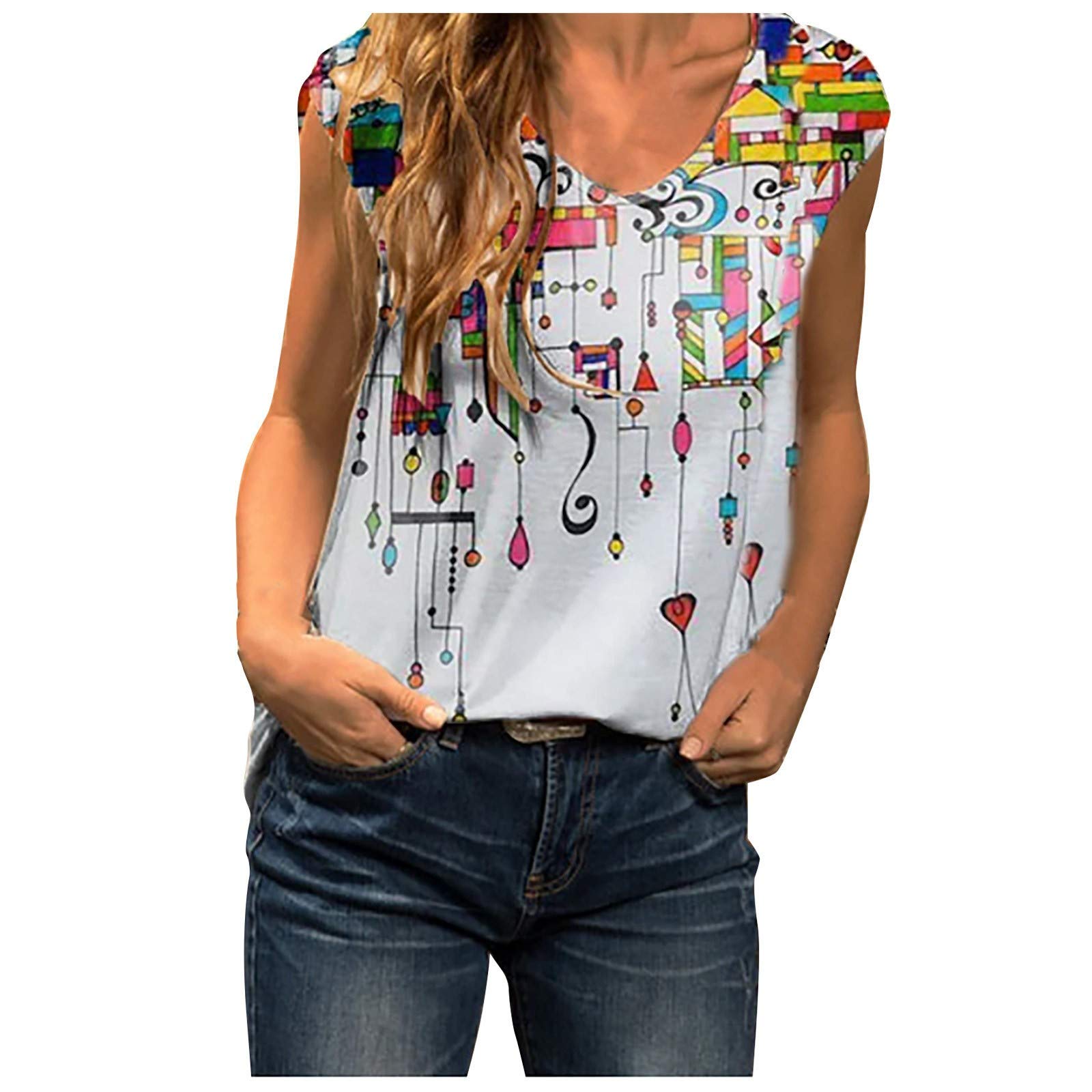 Women's Loose Fit Sleeveless V-Neck Tank Top - Colorful Printed Casual Blouse for Summer (White, XXL) | Perfect for Beach Outings, Yoga, and Everyday Wear