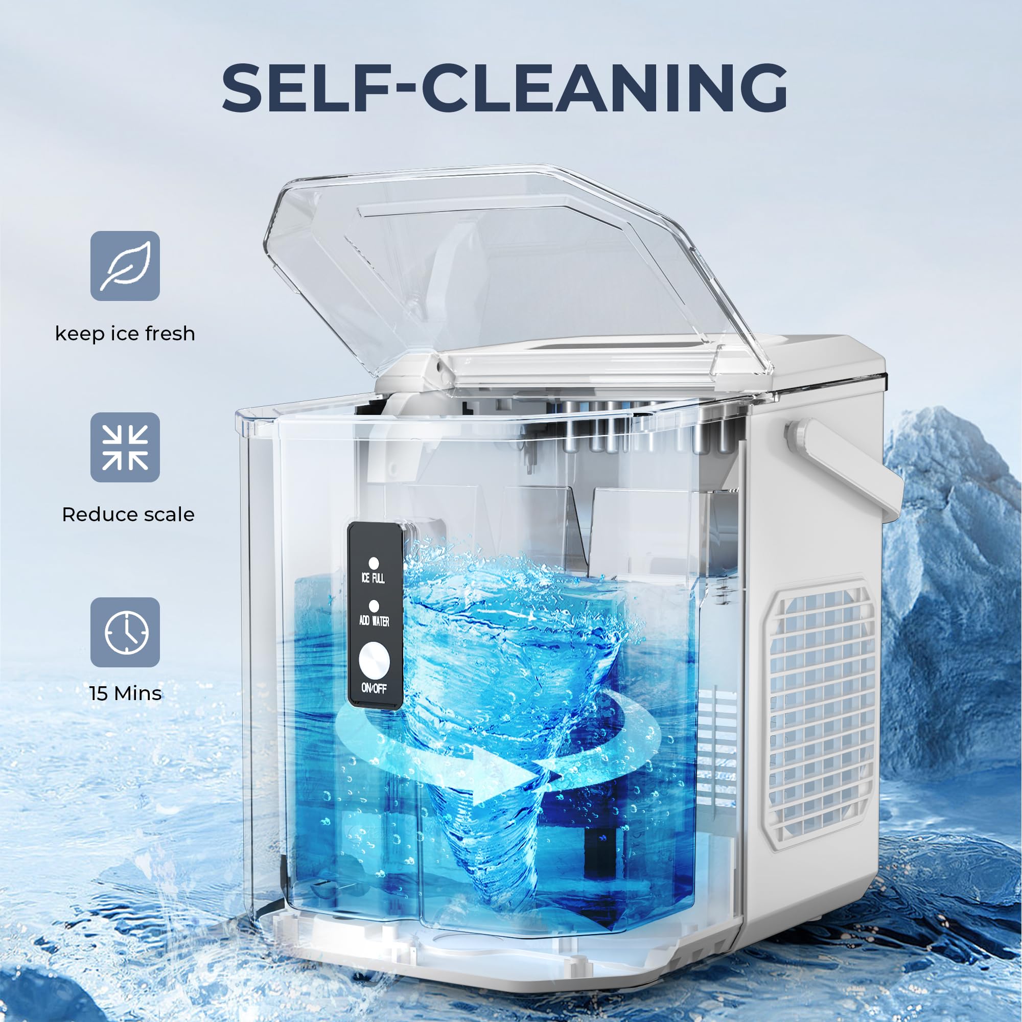 EUHOMY Countertop Ice Maker - 9 Cubes in 6 Minutes, 26lbs Daily Output, Portable Ice Machine with Handle, Self-Cleaning Function, Includes Ice Scoop & Basket - Perfect for Home, Kitchen, Office, RV, Parties & Outdoor Activities (White)