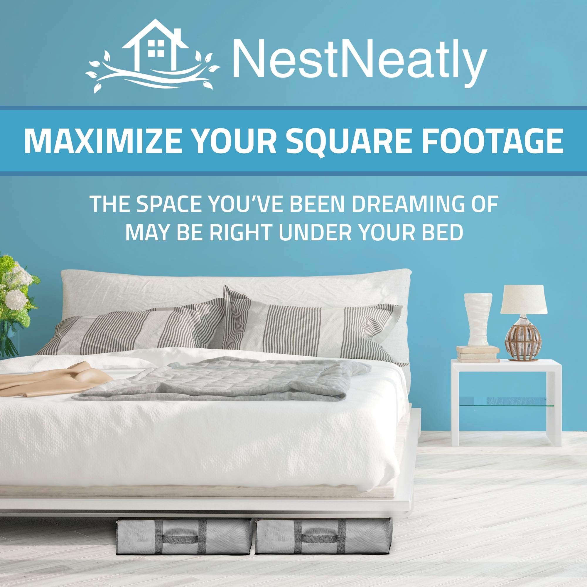 Foldable Under-Bed Storage Bags with Reinforced Handles & Metal Zipper - 2 Large Underbed Organizer Bins by Nest Neatly (Gray) - Perfect for Seasonal Clothing, Blankets, Shoes & Home Organization