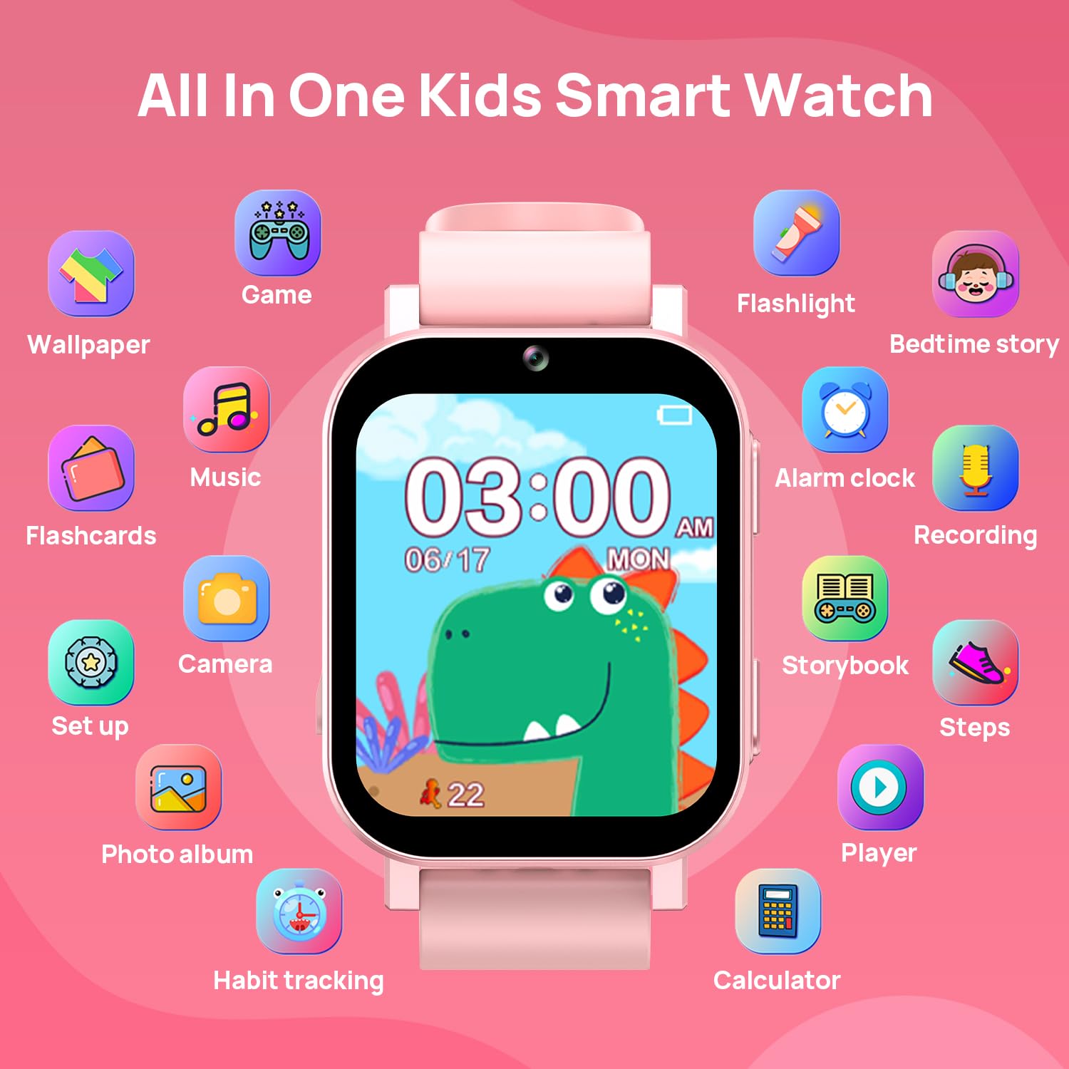 Kids Smart Watch with 30 Games, Alarm, Camera, Video Recorder & Music Player - Calculator, Calendar, Flashlight, Stopwatch & Pedometer - Perfect Gift for Boys & Girls Ages 3-12 (Pink) - Great for Playtime, Learning & Outdoor Activities