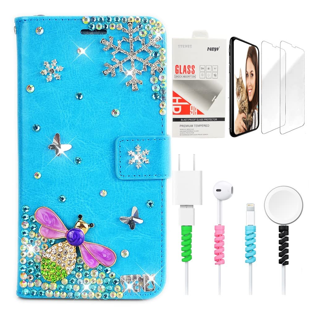 STENES Bling Wallet Case for Samsung Galaxy A30s - 3D Handmade Dragonfly Snow Butterfly Glitter Magnetic Leather Cover with Screen Protector & Cable Protector - Blue - Perfect for Daily Use, Travel, and Gift Giving