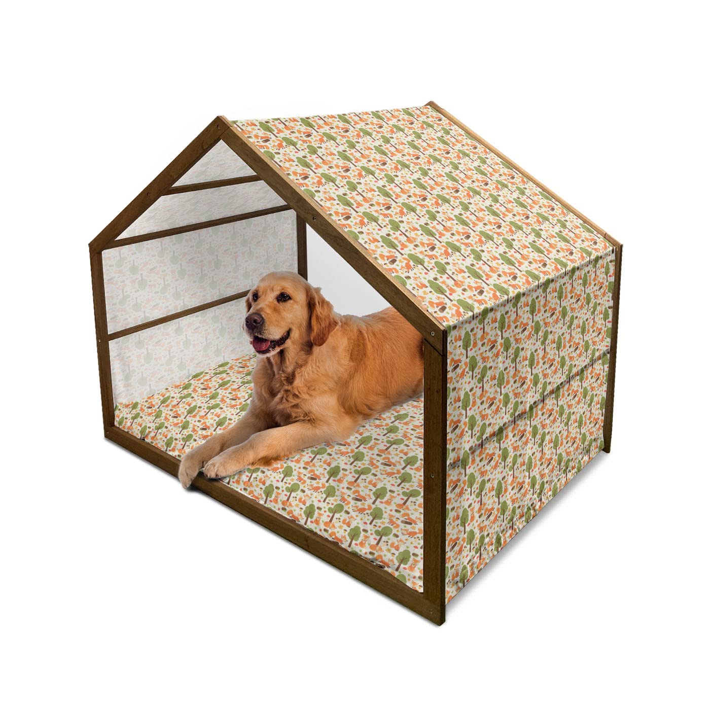 Ambesonne Fox Wooden Dog House - Wildlife Illustration with Foxes, Mushrooms, Flowers & Butterflies in Spring Forest - Indoor & Outdoor Portable Pet Kennel with Pillow & Cover - X-Large Multicolor - Perfect for Backyard, Patio, Camping & Home Decor
