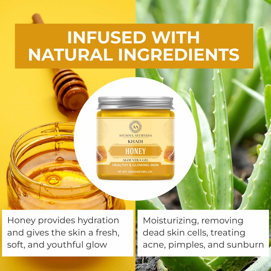 **Ayusoul Ayurveda Khadi Honey Aloe Vera Gel - 99% Pure & Natural Face Moisturizer for Hydration, No SLS, 200g (Pack of 1) | Perfect for Dry Skin, Sunburn Relief & Daily Skincare Routine**
