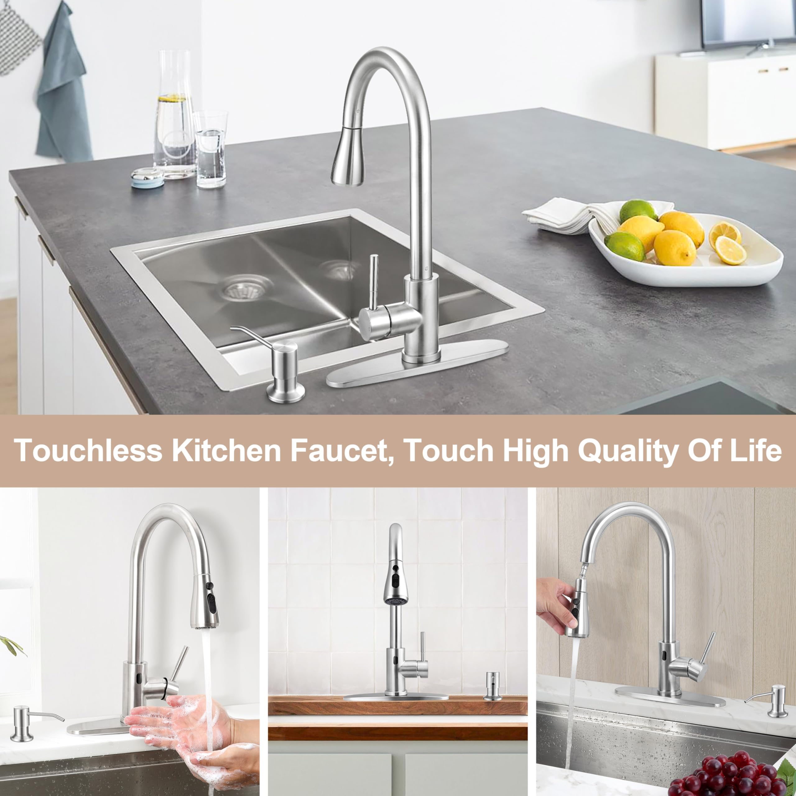 Herogo Touchless Kitchen Faucet with Motion Sensor & Pull Down Sprayer - Brushed Nickel Stainless Steel Smart Activated Sink Faucet with Soap Dispenser - Ideal for Farmhouse, RV, and Modern Kitchens (Easy Installation & Water Saving)