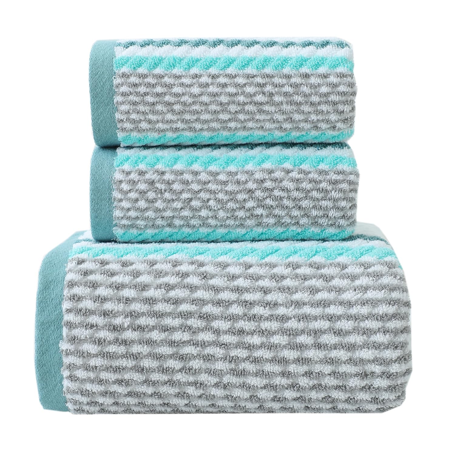 Premium 3-Piece Striped Bath Hand Towel Set - 100% Cotton, Ultra Soft & Absorbent - Decorative Green Towels for Bathroom, Spa & Guest Use