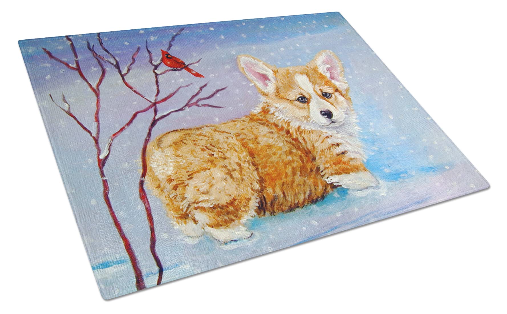 Corgi Pup Snow Cardinal Tempered Glass Cutting Board - Large Decorative Kitchen Chopping & Serving Board for Holiday Entertaining | Durable Scratch-Resistant Surface for Fruits, Cheese & Charcuterie